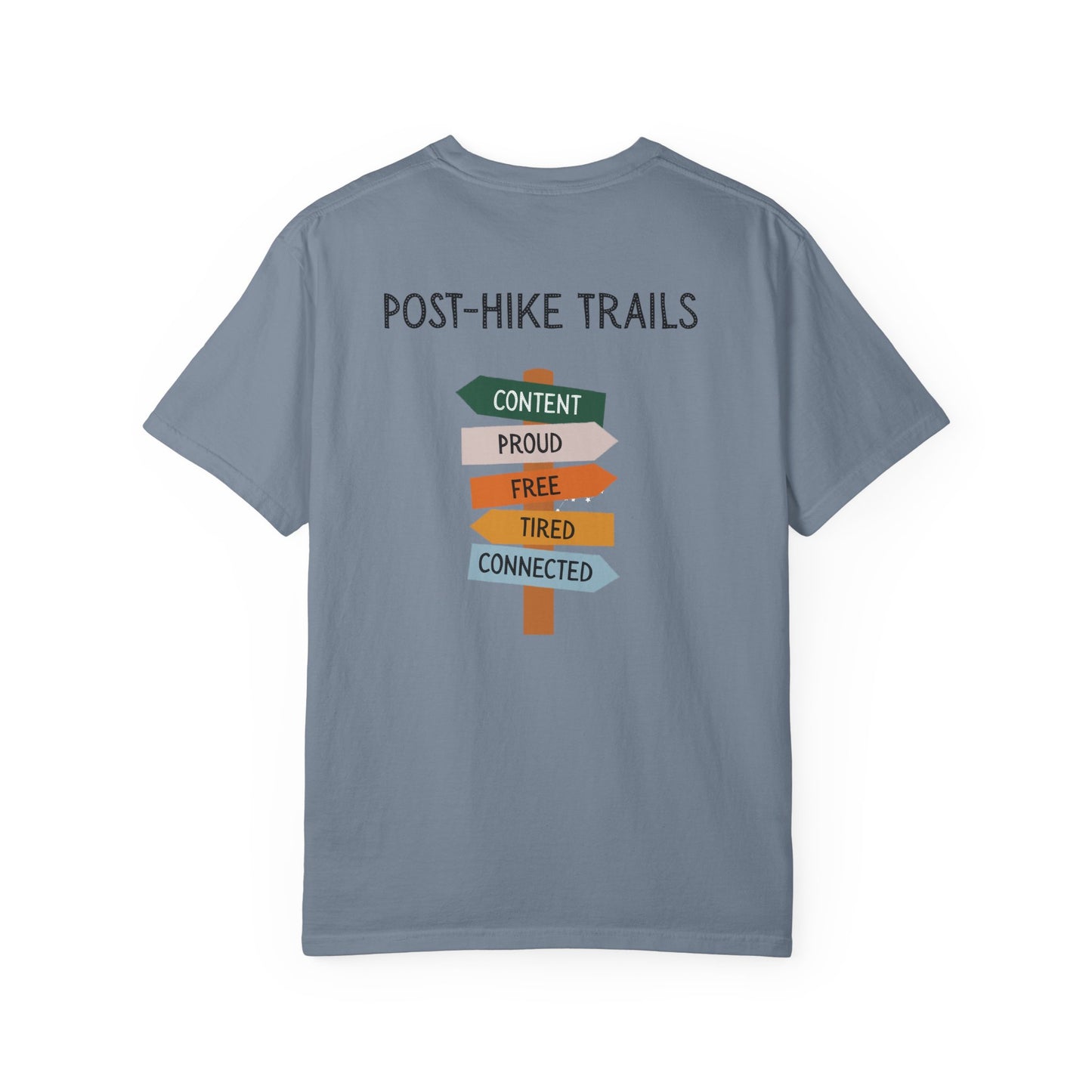 Back of blue t-shirt with 'Post-Hike Trails' design on a white background