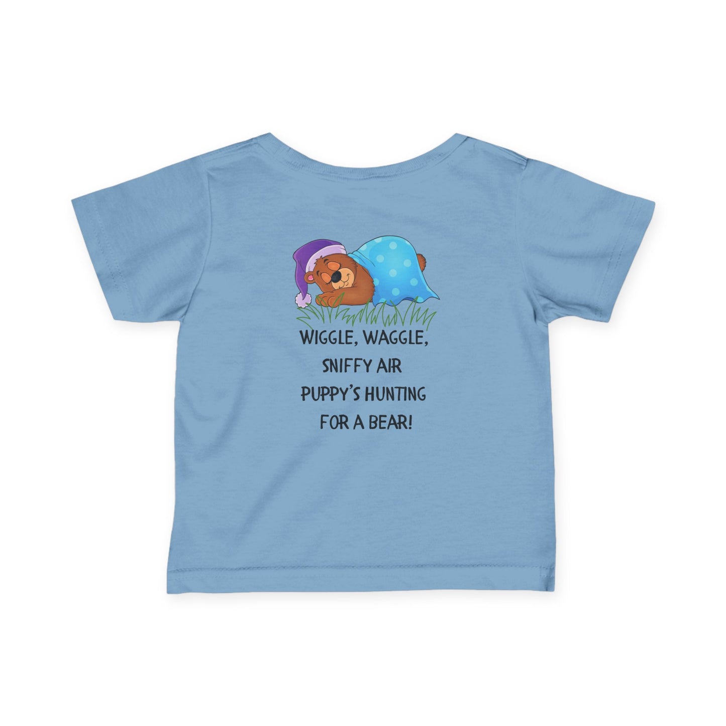 Light blue t-shirt with cartoon bears and text on a white background