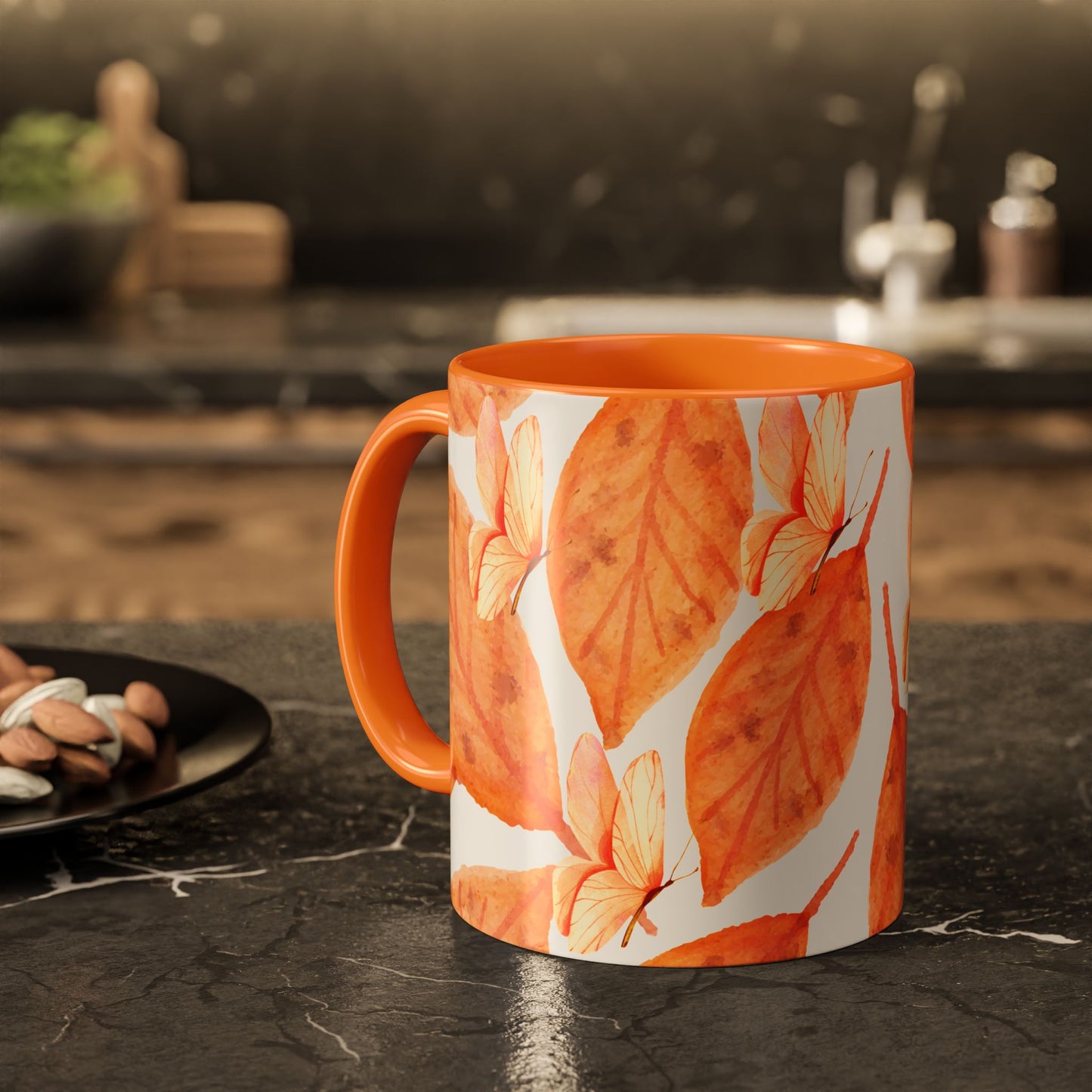 Mug with Fall Colors Autumn Leaves and Butterflies