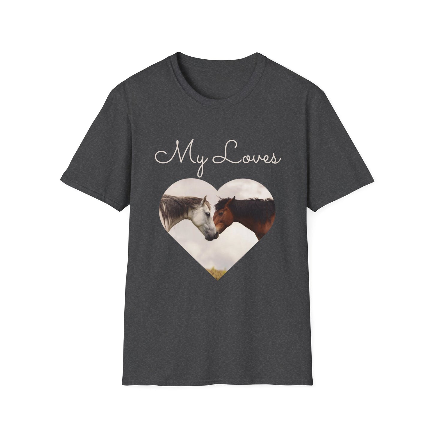 Gray T-shirt with words My Loves. Below the words are two horses in a heart shape.