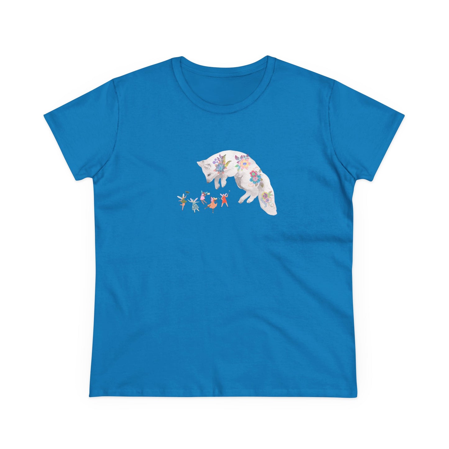 Blue t-shirt with a floral White Fox staring playfully at winged fairies.