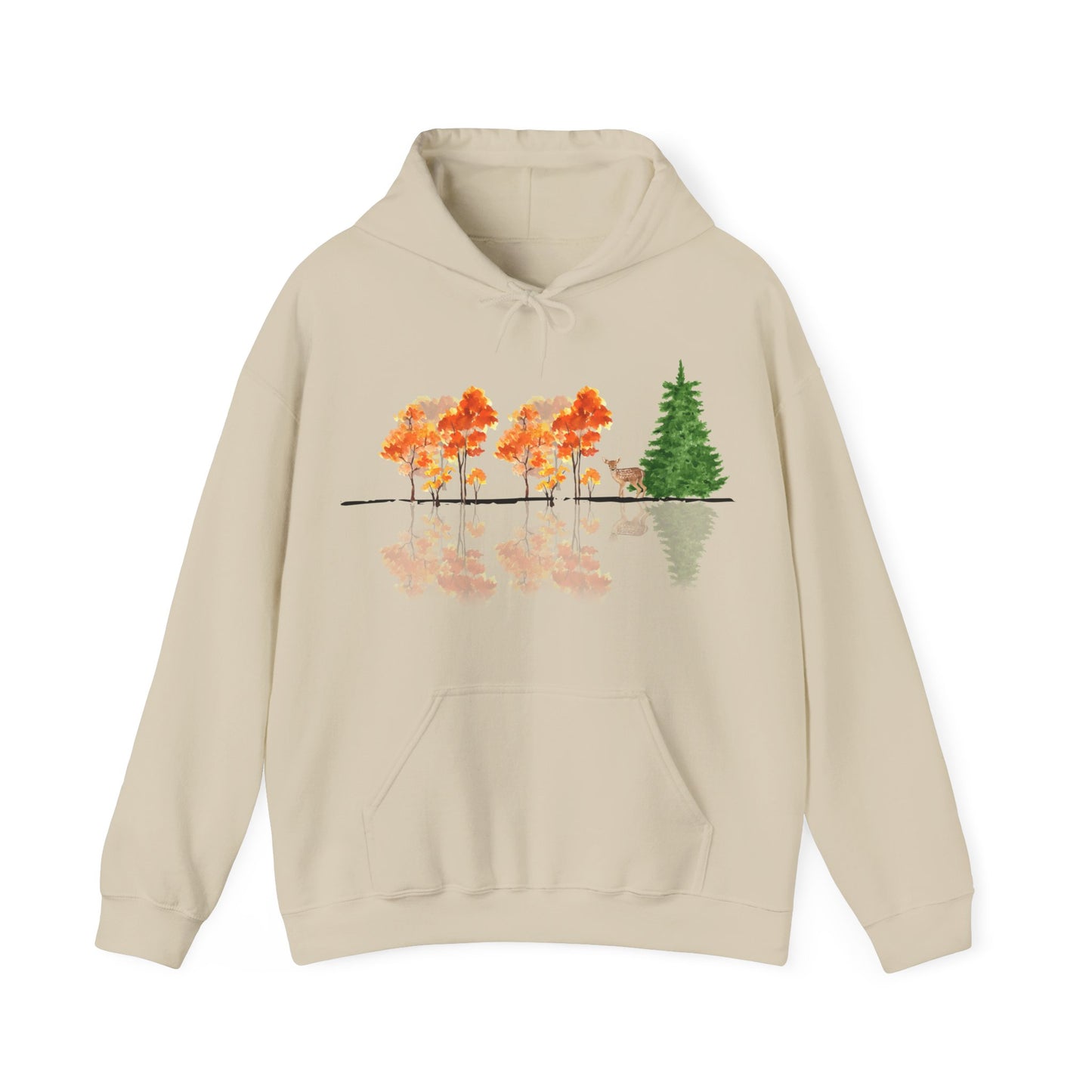 Sand hoodie with a nature-themed design on a white background. Reflective trees and fawn on front.