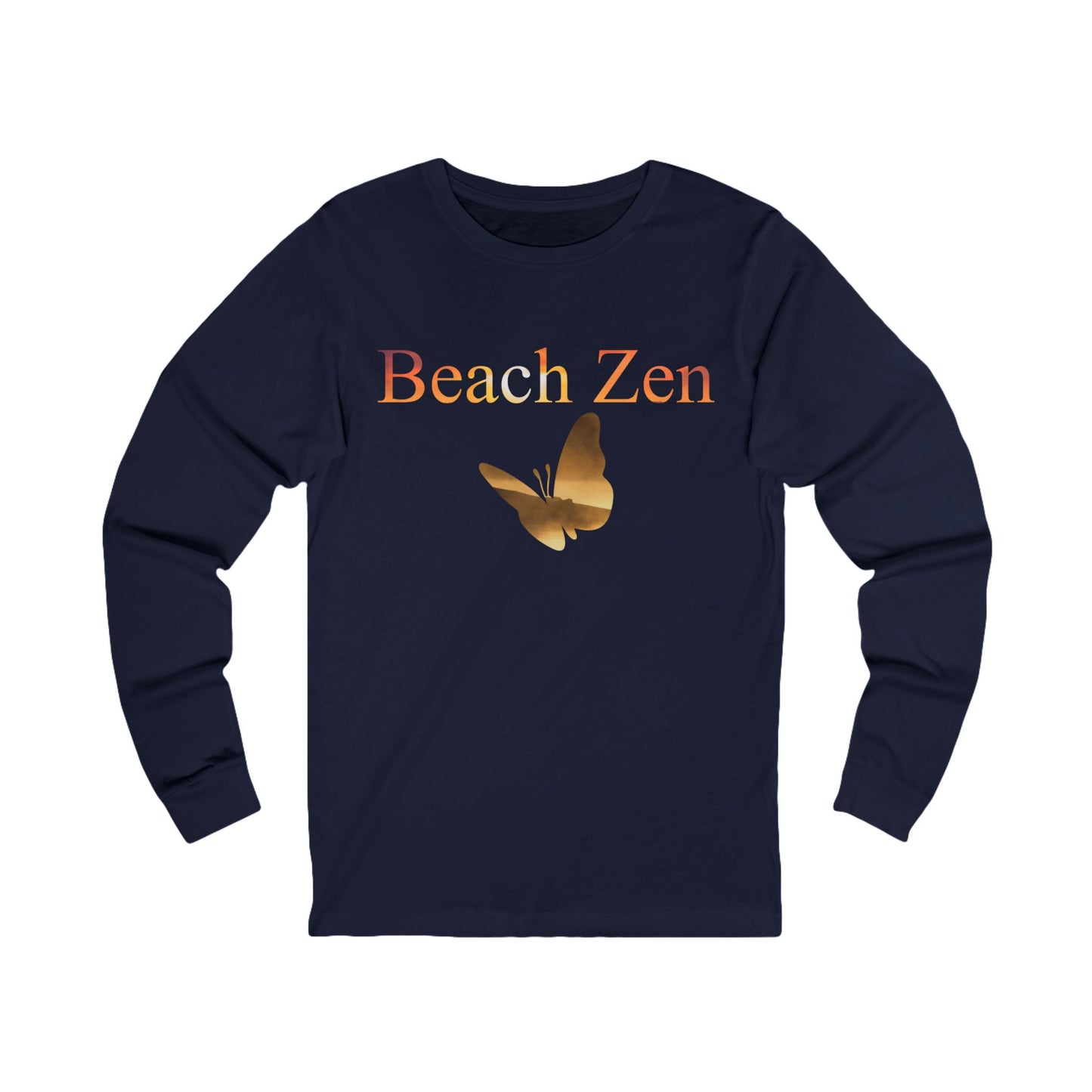 Navy blue long-sleeve shirt with 'Beach Zen' text and butterfly graphic on a white background