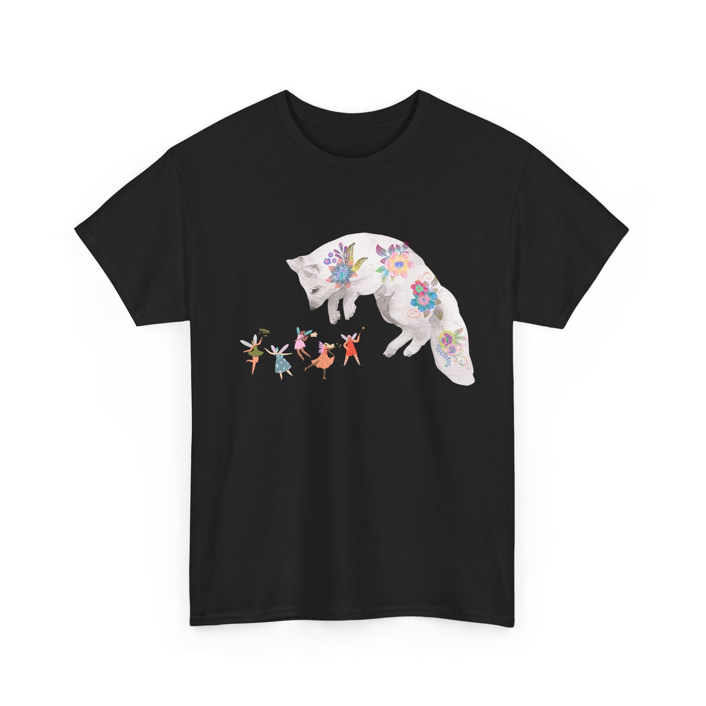 Whimsical White Fox Playing with Winged Fairies Unisex Cotton T-Shirt
