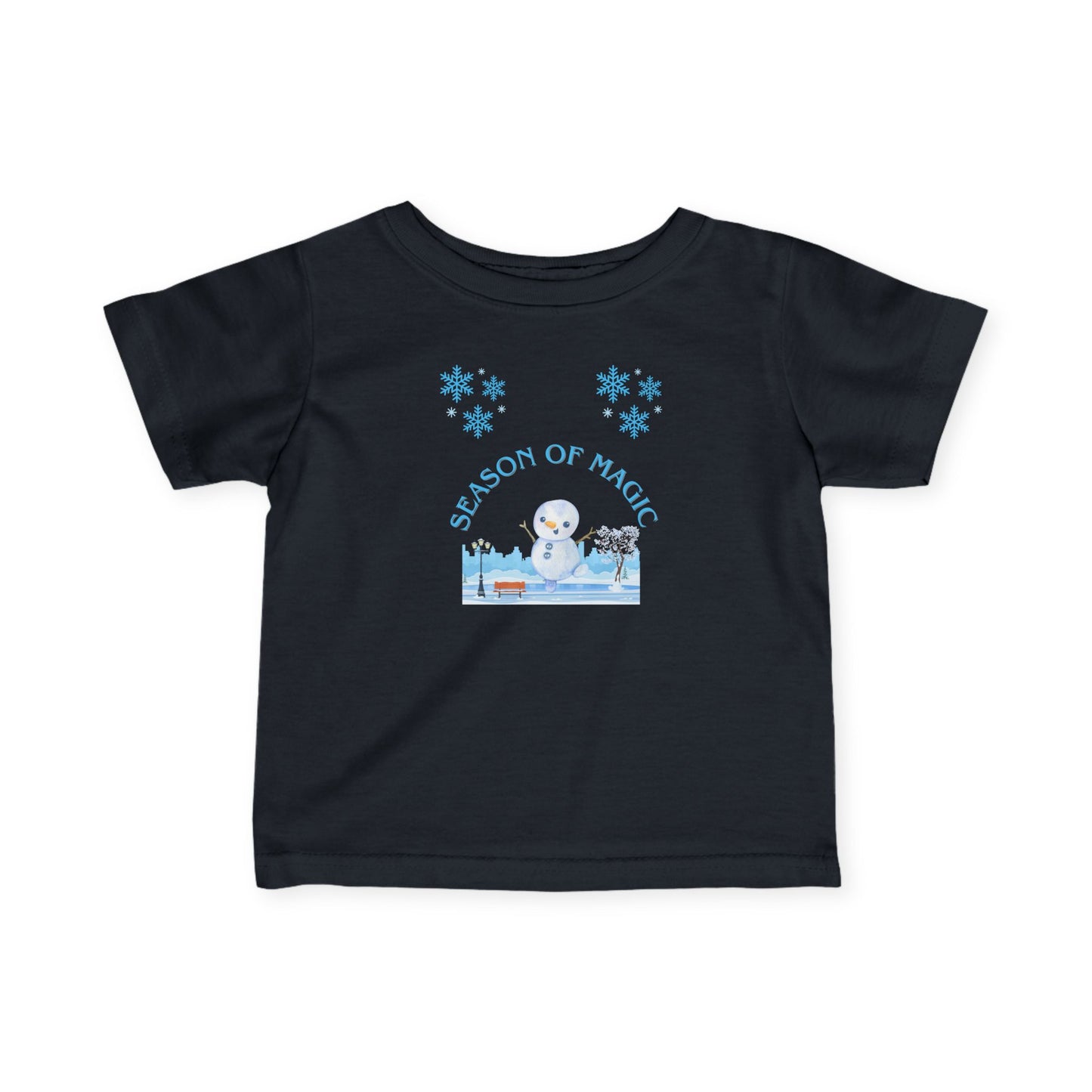Black t-shirt with a snowman graphic and 'Season of Magic' text on a white background