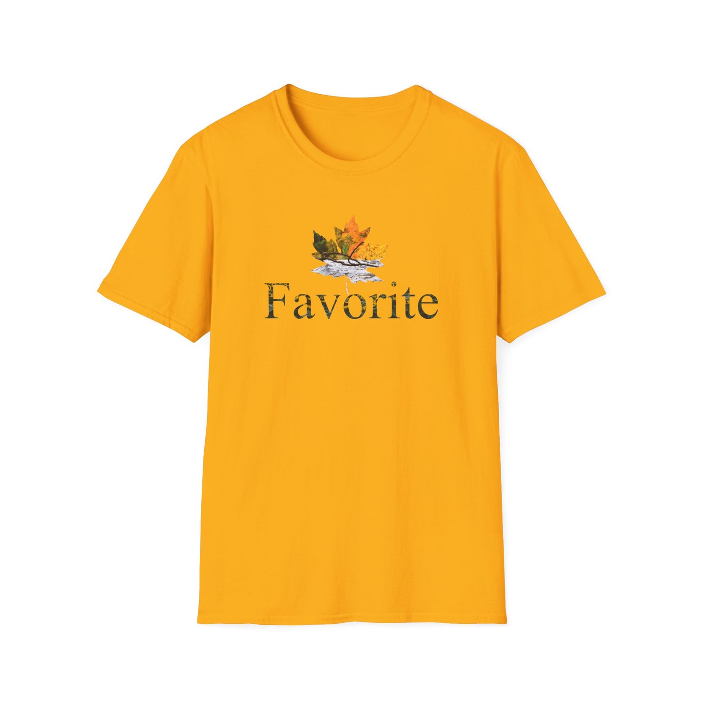 Yellow t-shirt with a colored fall leaf graphic design and the word 'Favorite' on a white background