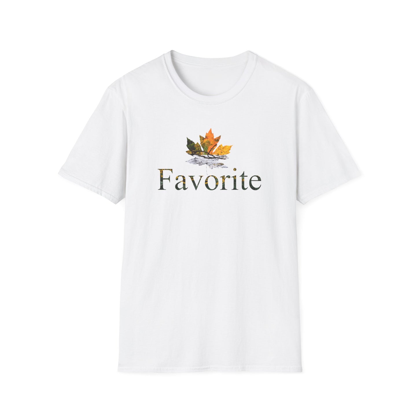 White t-shirt with autumn leaf design and 'Favorite' text on a white background