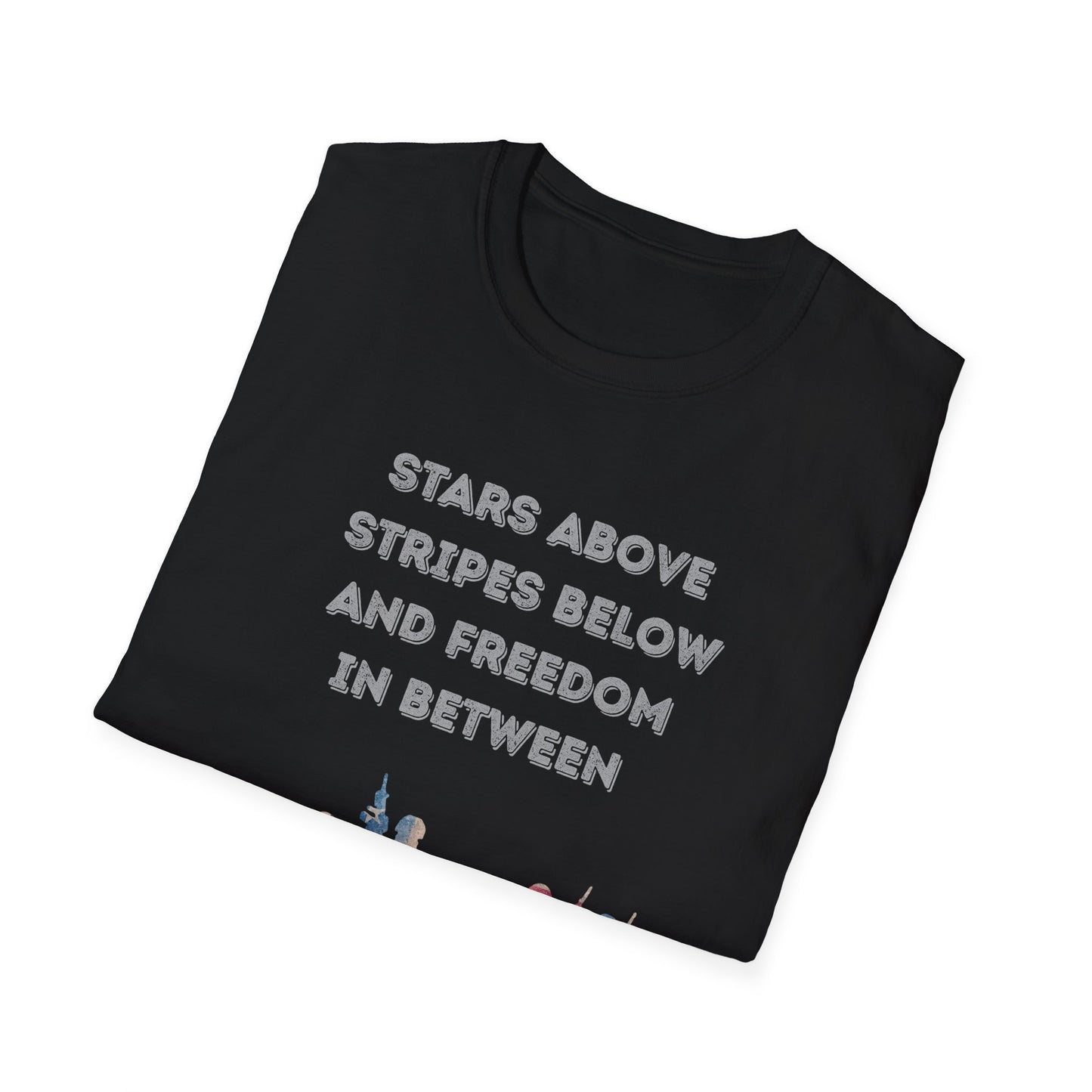 Folded black t-shirt with white text on a white background
