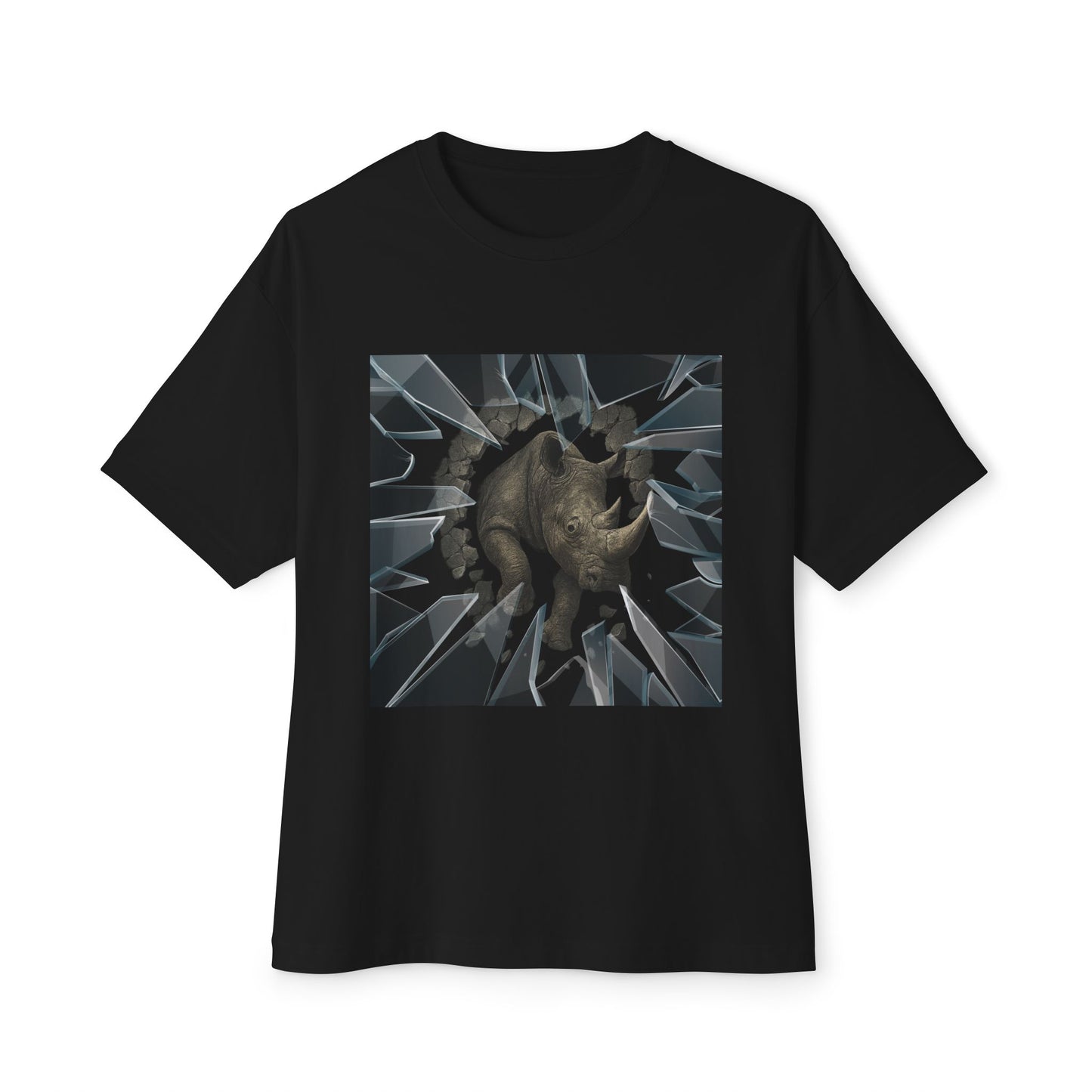 Black t-shirt with a graphic design of a rhino breaking through glass on a white background