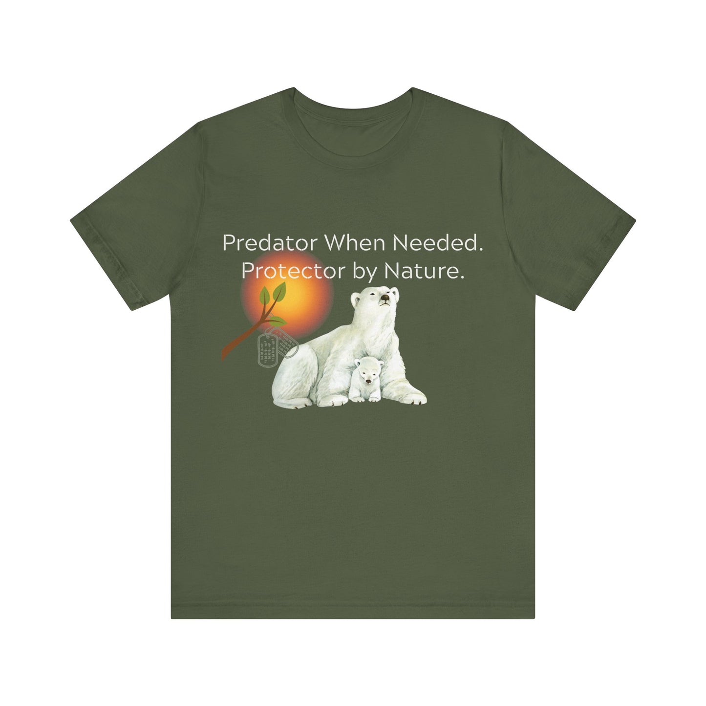 Green t-shirt with polar bear graphic and text on a white background