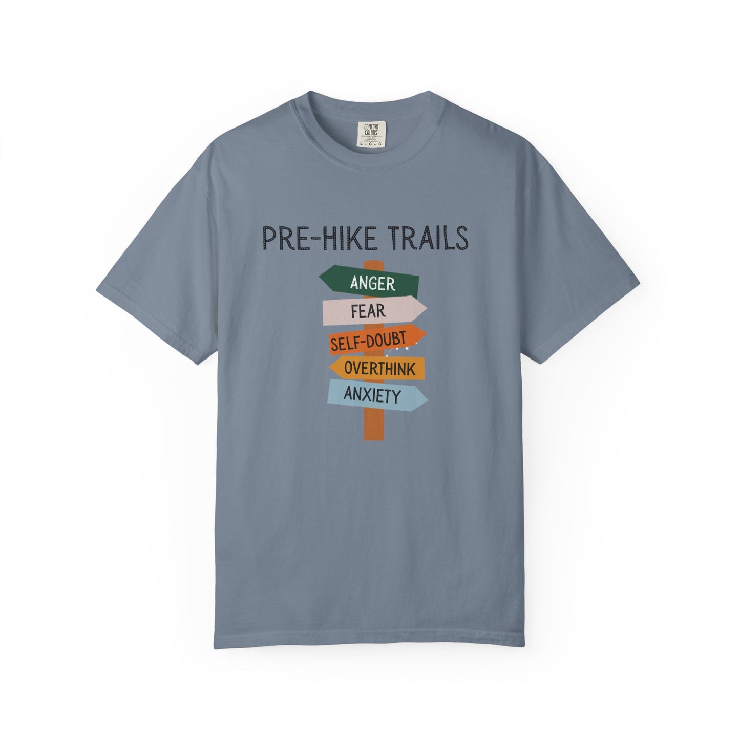 Blue t-shirt with 'Pre-Hike Trails' graphic and text on a white background