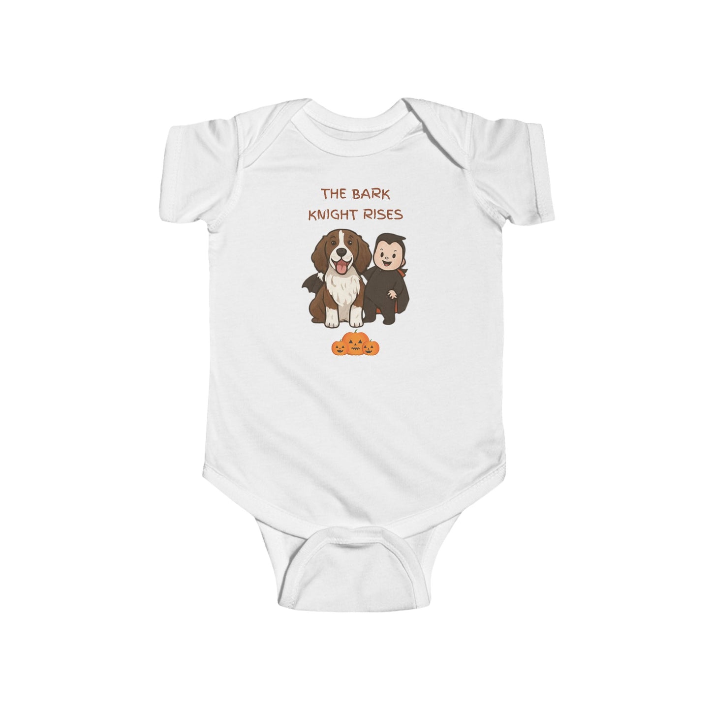 White baby onesie with cartoon dogs and text on a white background