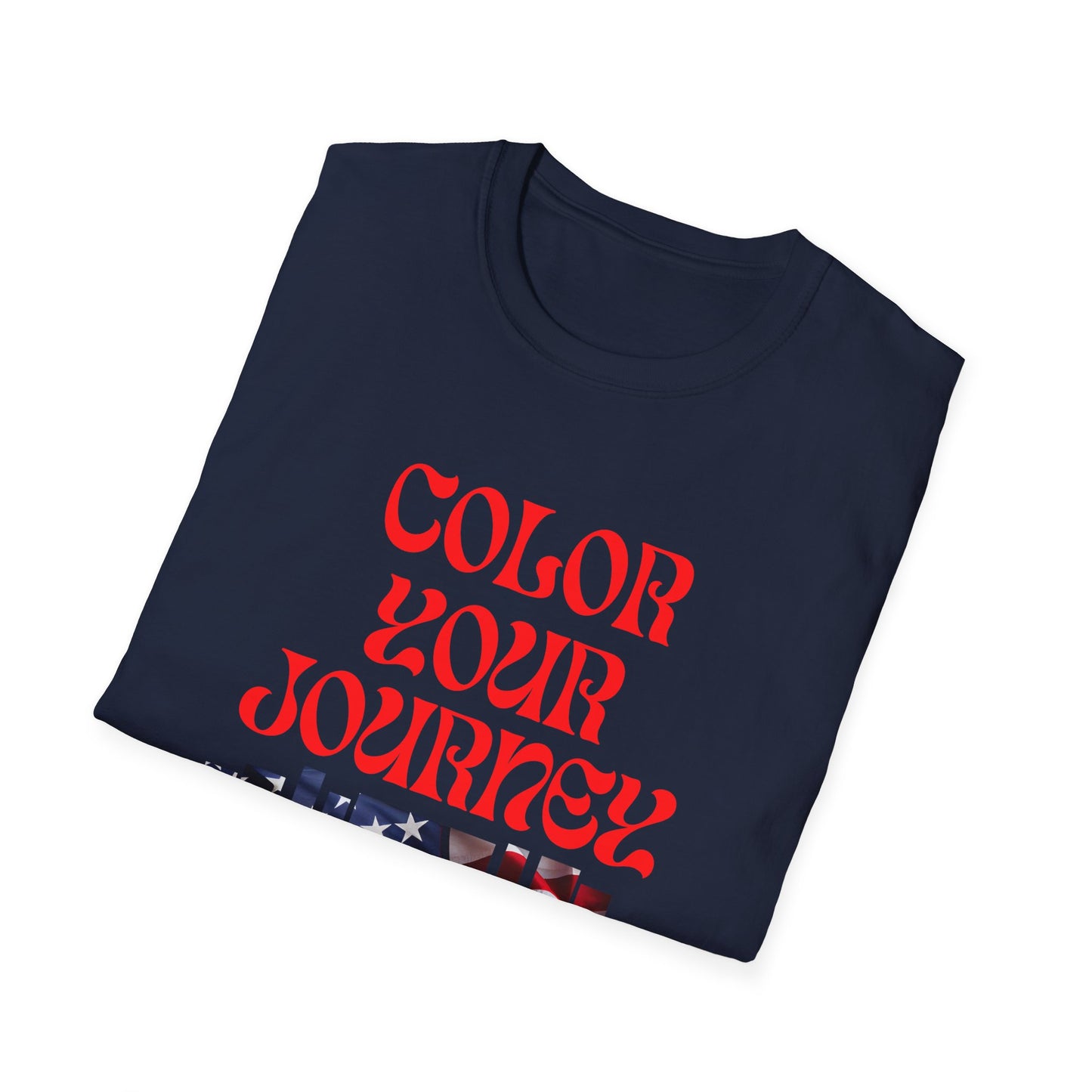 Folded navy blue t-shirt with 'Color Your Journey' text in red on a white background