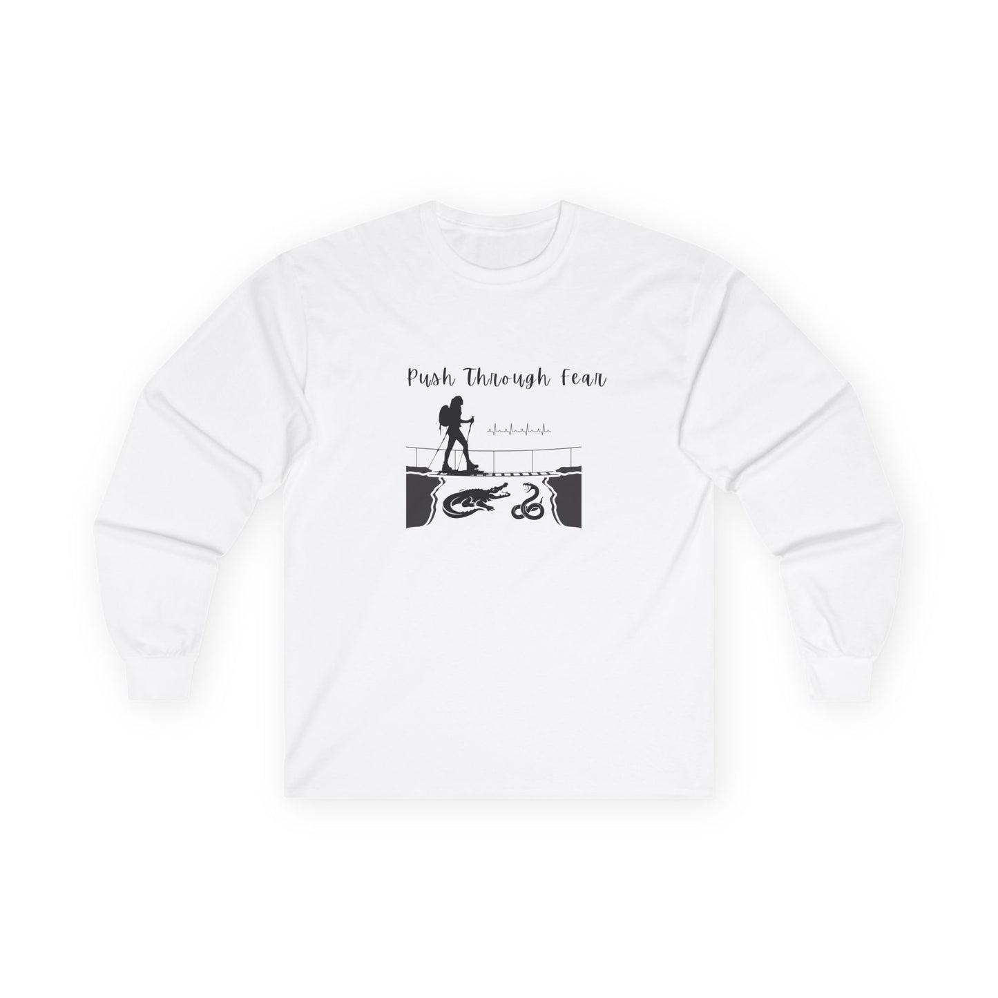 White long sleeved tee with black graphic showing hiker going over bridge with alligator and snake. Text states "Push through Fear."