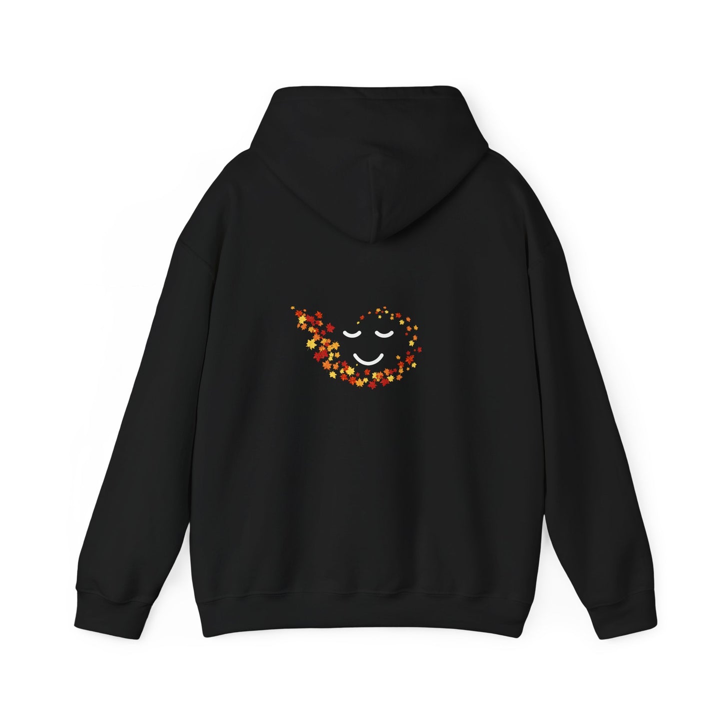 Back of Black hoodie with a colorful smiley face design on the back against a white background