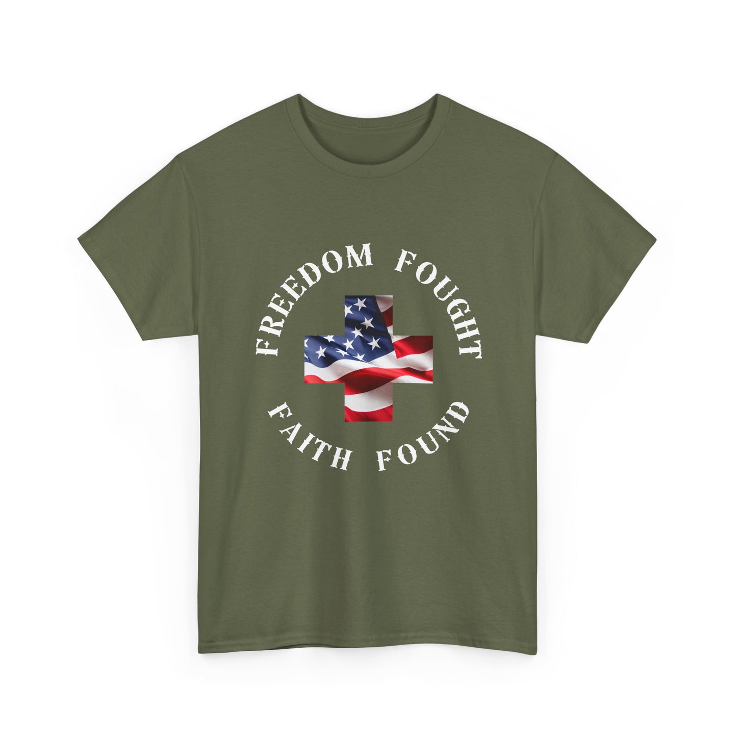 Green t-shirt with American flag and text design on a white background