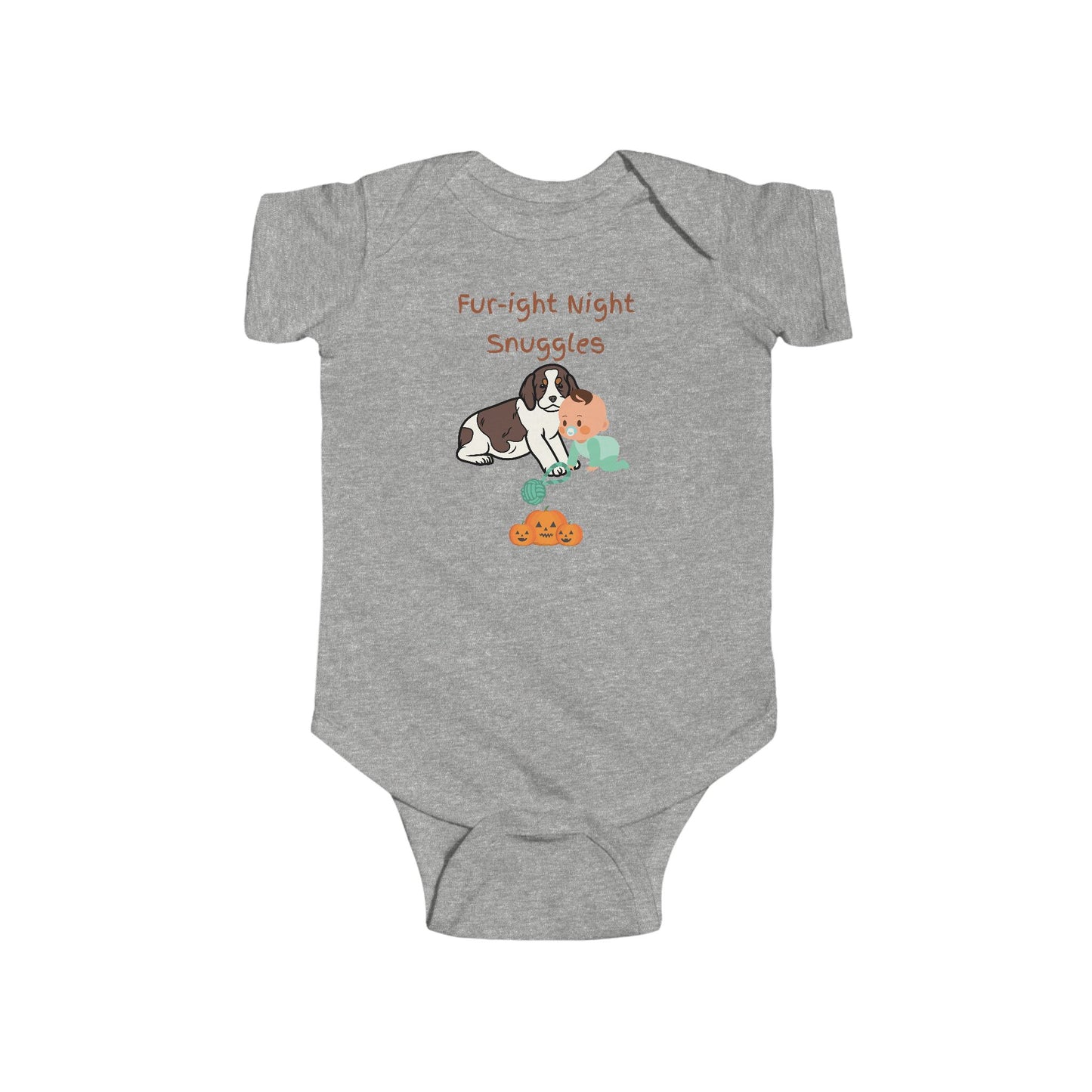 Fur-ight Halloween Onesie Baby is Cuddling Springer Spaniel Puppy