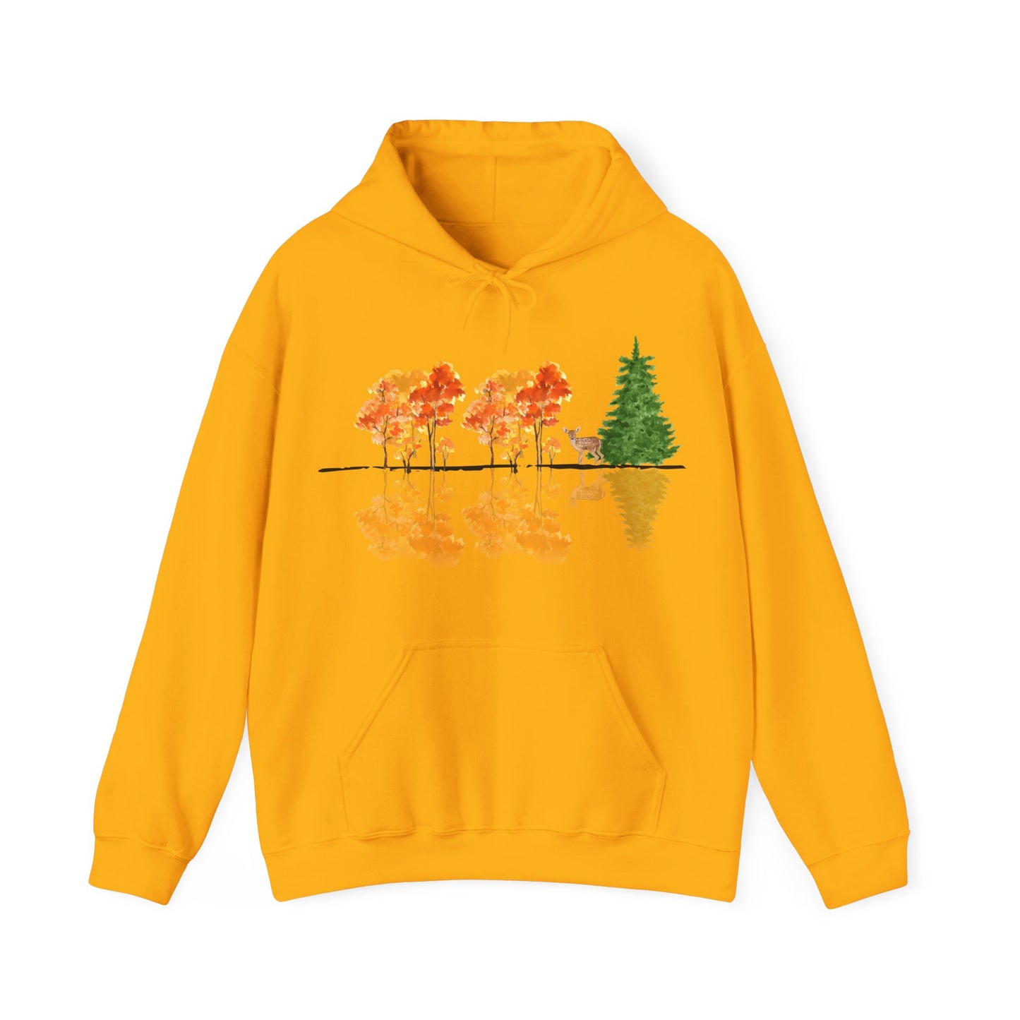 Yellow-gold hoodie with a nature-themed design on a white background. Reflective trees and fawn on front.