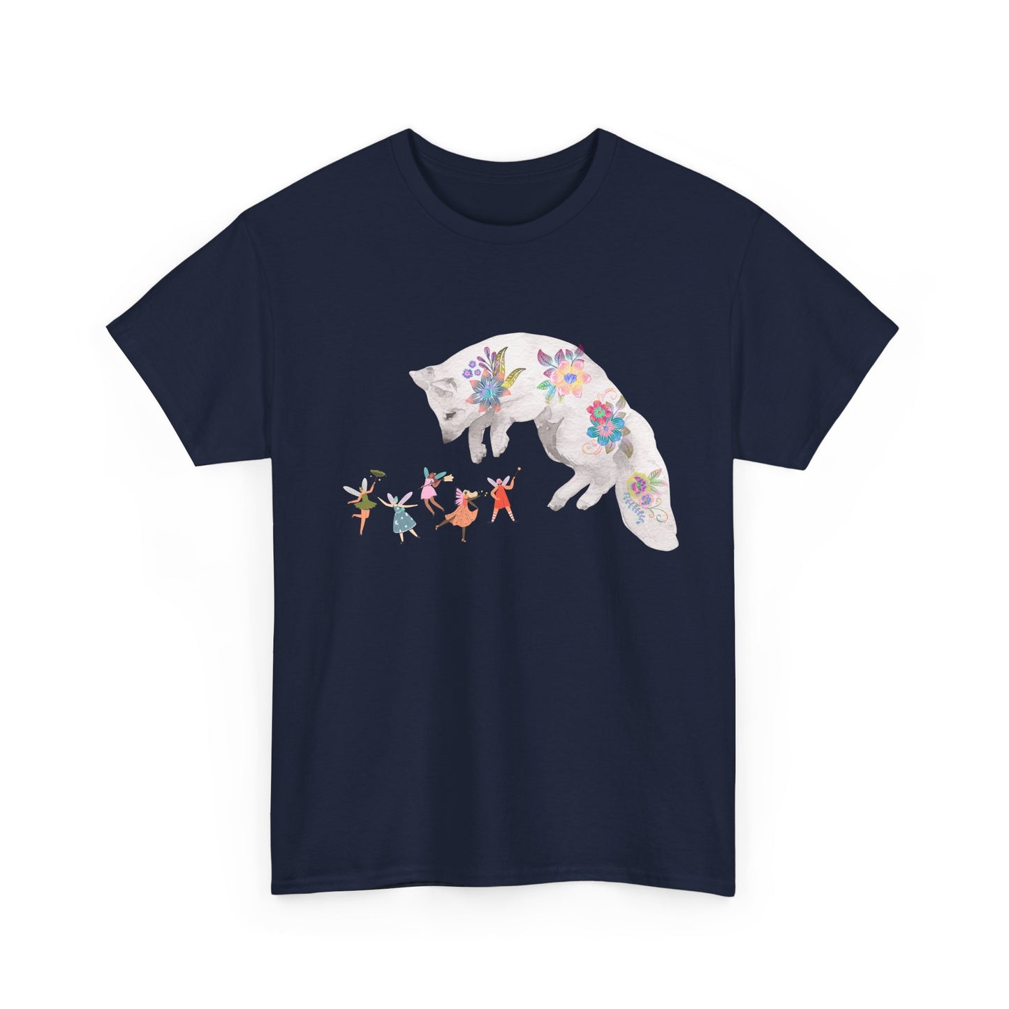 Whimsical White Fox Playing with Winged Fairies Unisex Cotton T-Shirt