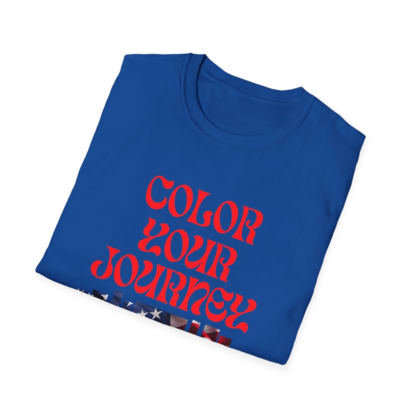 Folded blue t-shirt with 'Color Your Journey' text in red on a white background