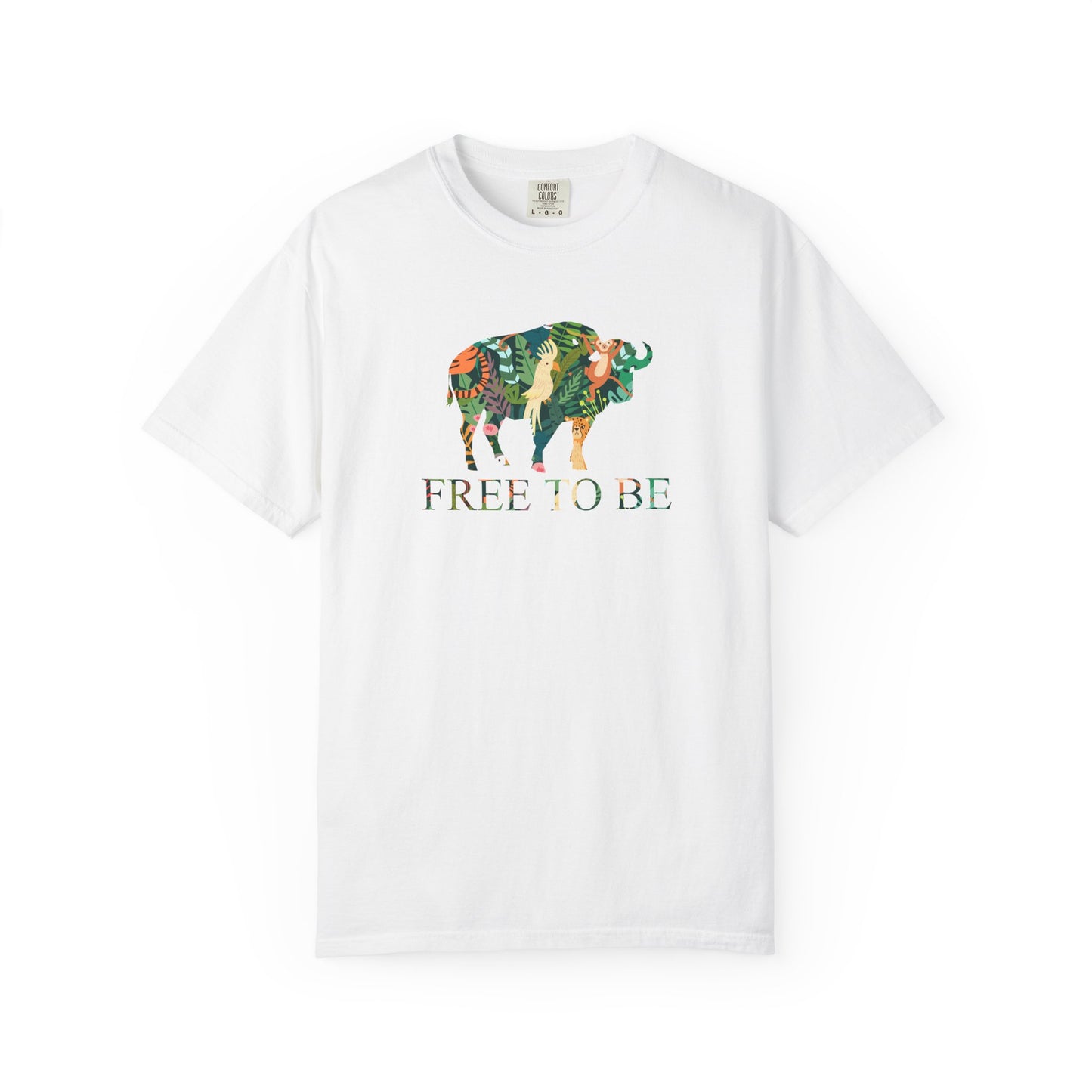 White t-shirt with a colorful graphic of a buffalo and text 'FREE TO BE' on a white background