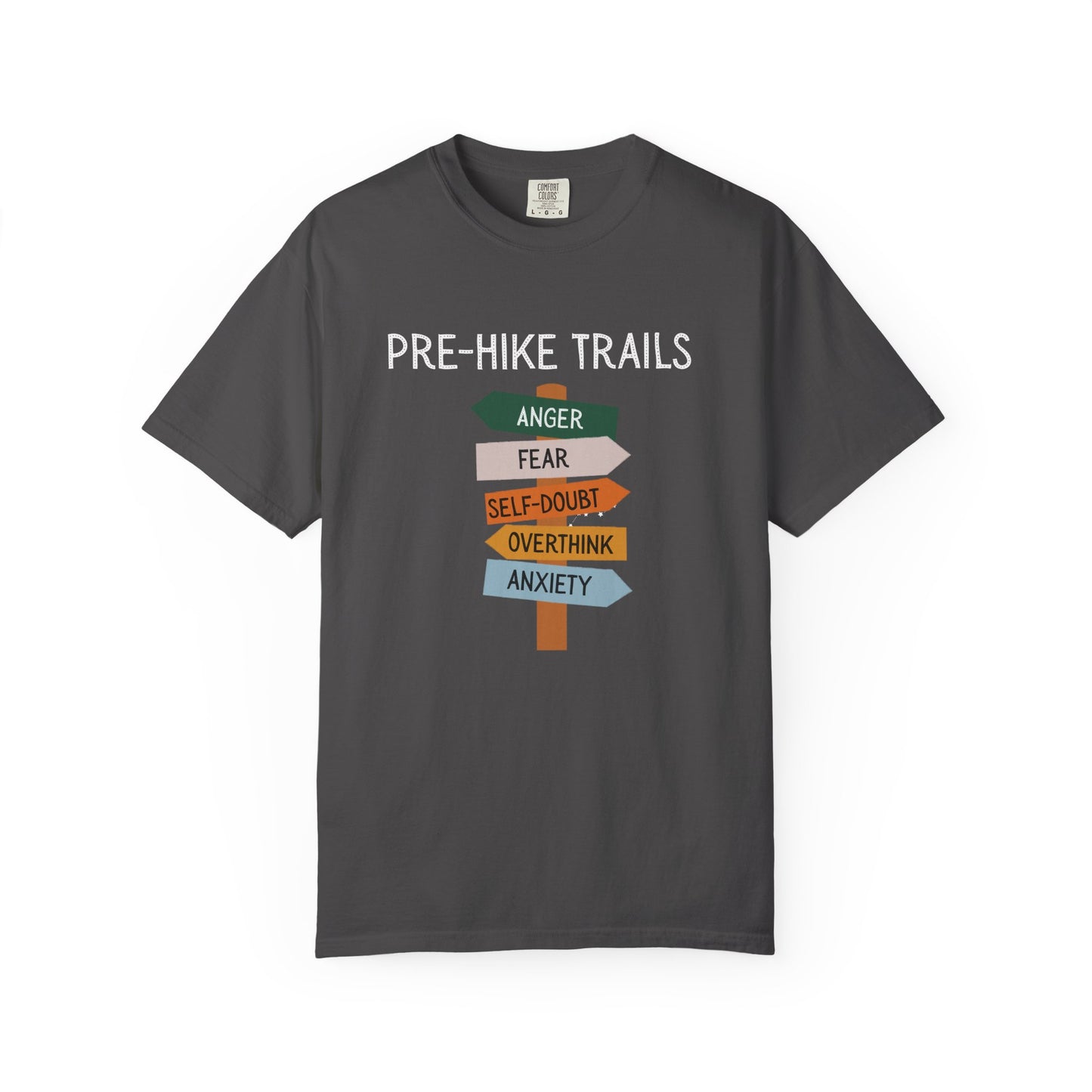 Gray t-shirt with 'Pre-Hike Trails' graphic and colorful arrows on a white background