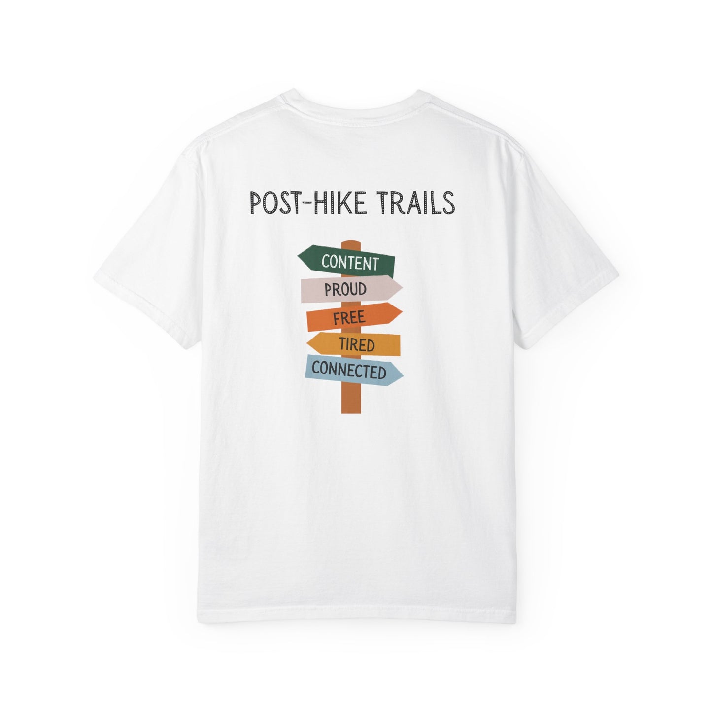 Back of white t-shirt with 'Post-Hike Trails' design on a white background