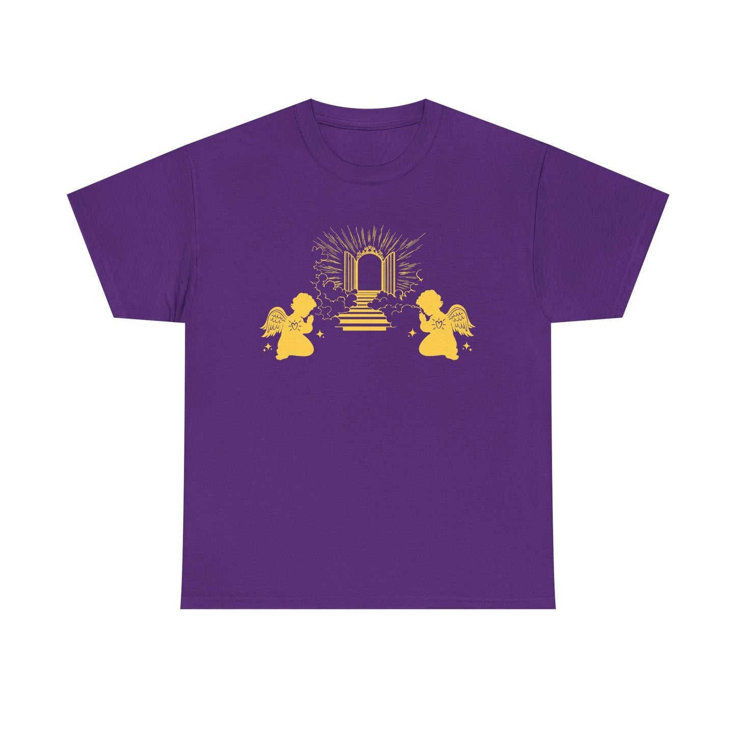 Purple t-shirt with two gold angels praying at Heaven's Gate design on a white background