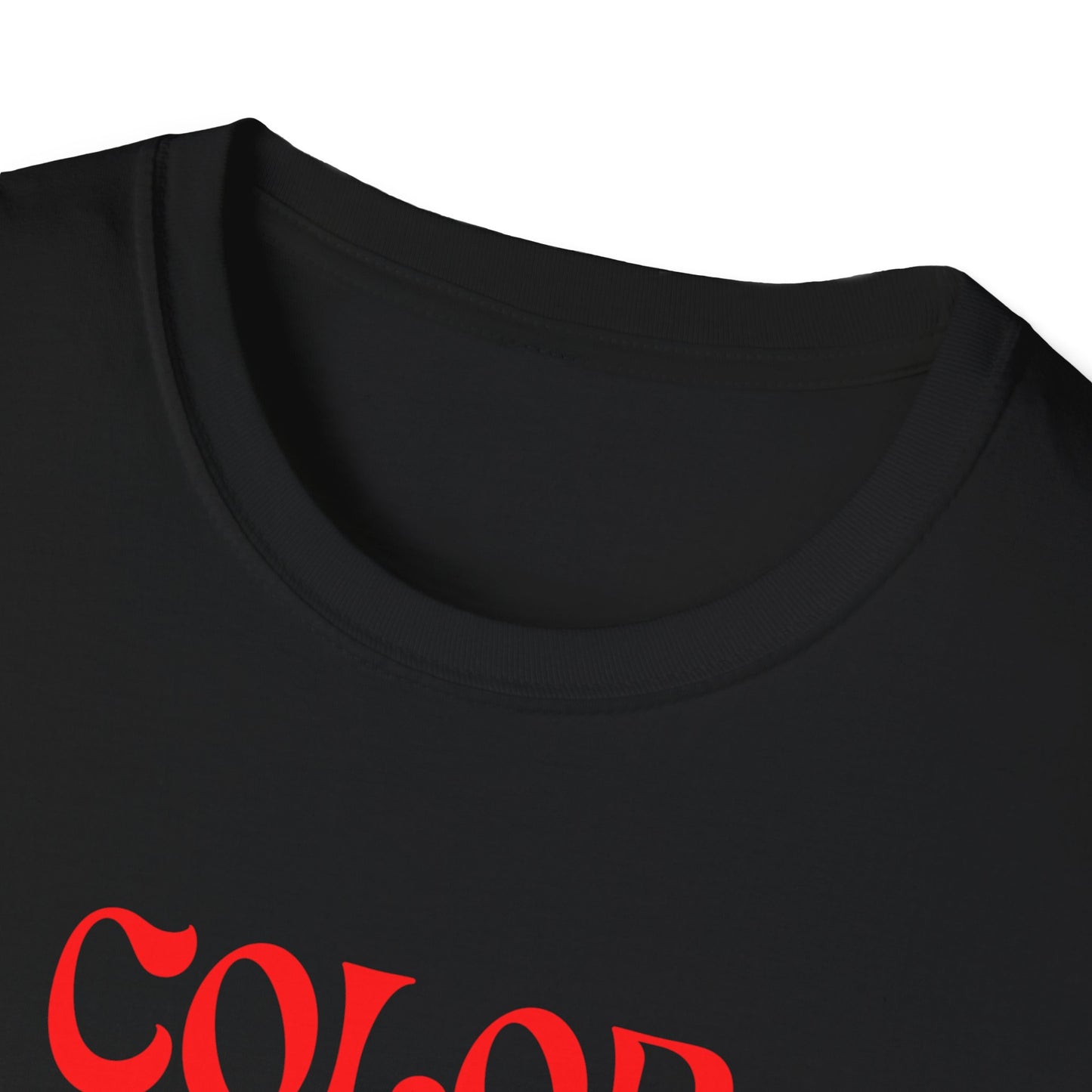 Folded black t-shirt with red text on a white background