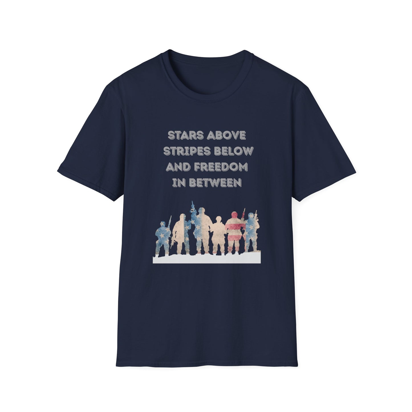 Navy Blue t-shirt with Red white and blue military troupe graphic design and text stating Stars Above Stripes Below and Freedom In Between on a white background