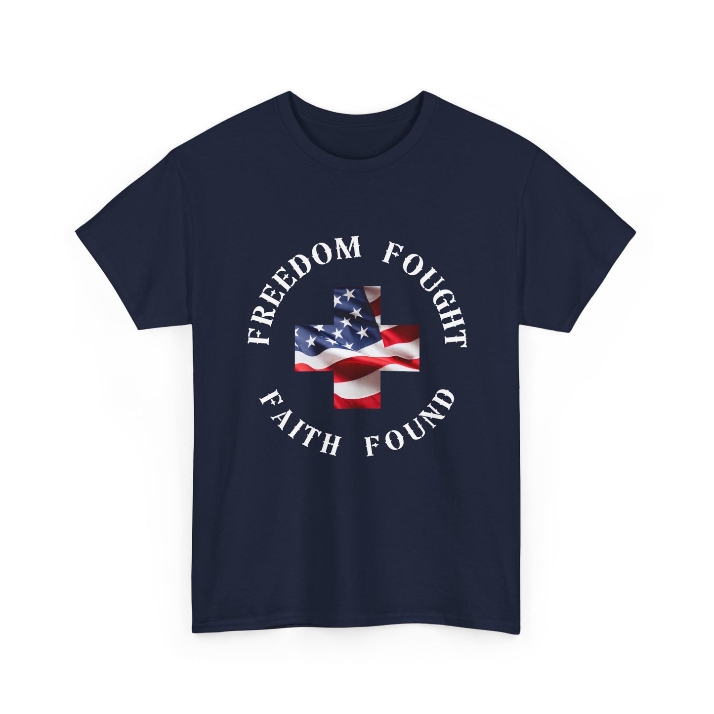 Navy blue t-shirt with American flag design and text on a white background