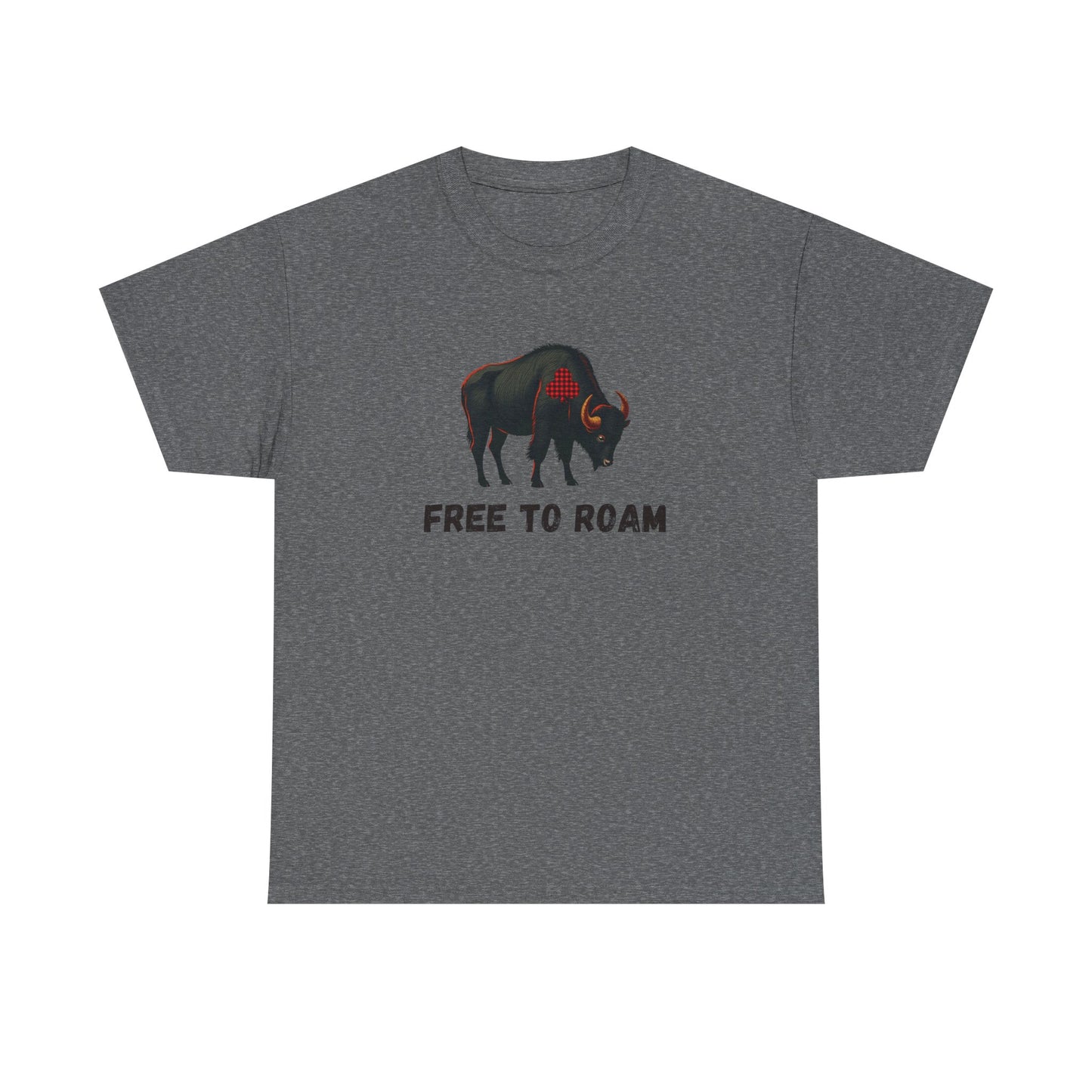 Gray t-shirt with a graphic of a bison and 'Free to Roam' text on a white background