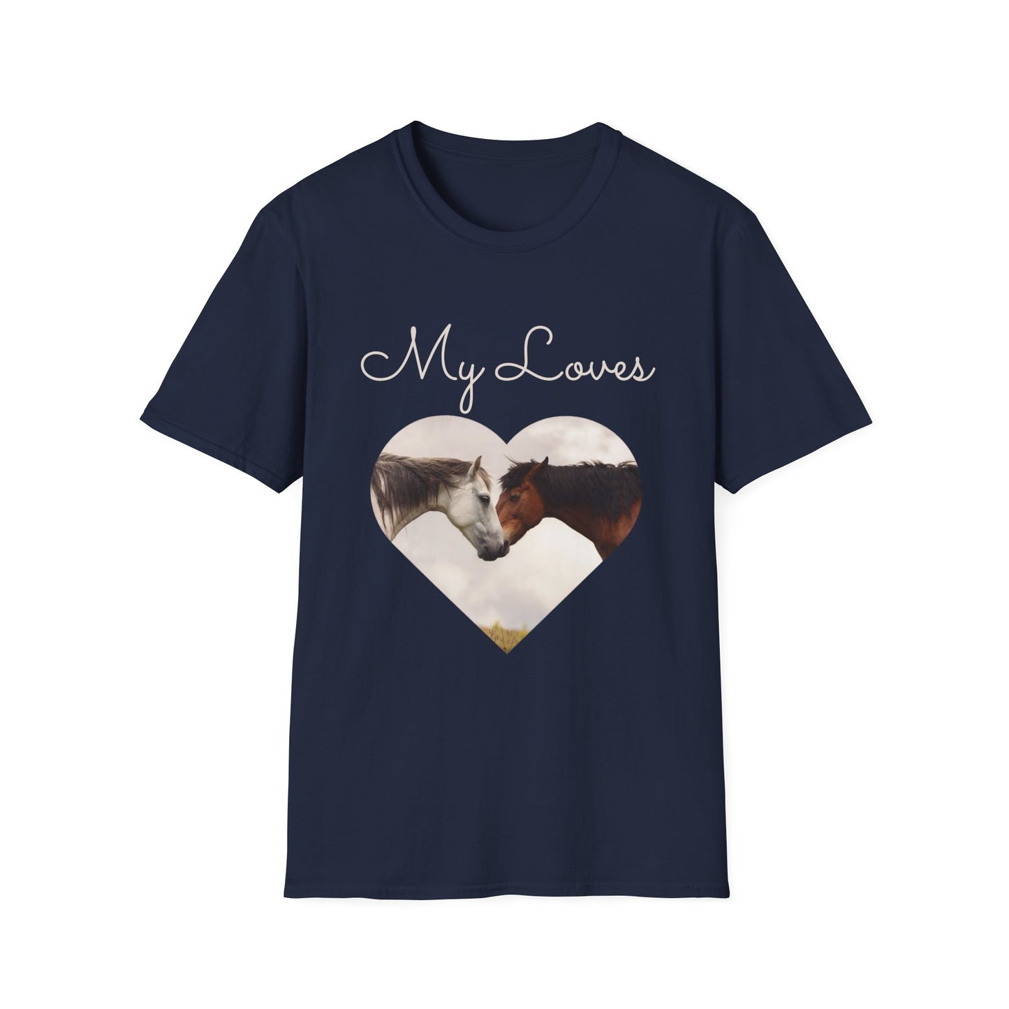 Navy T-shirt with words My Loves. Below the words are two horses in a heart shape.