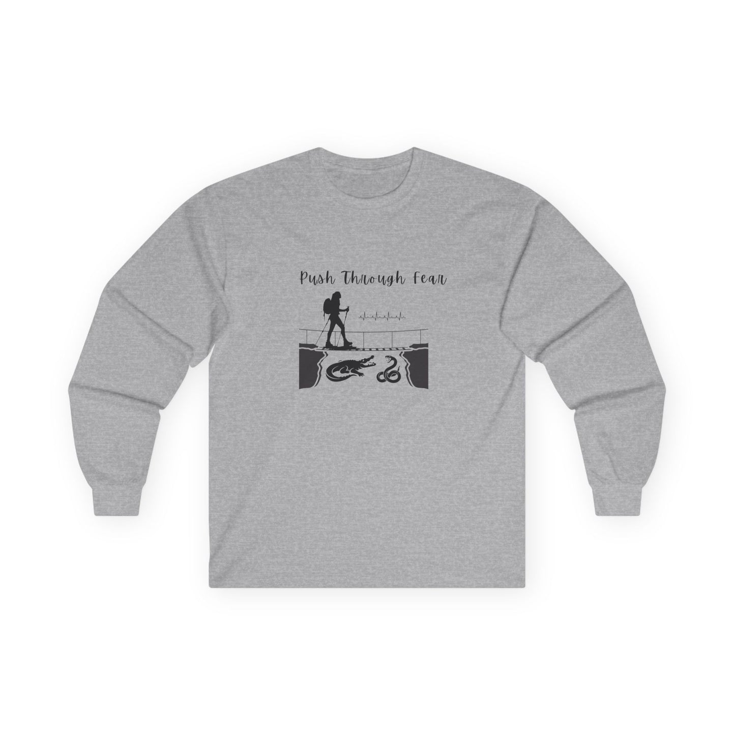 Gray long sleeved tee with black graphic showing hiker going over bridge with alligator and snake. Text states "Push through Fear."