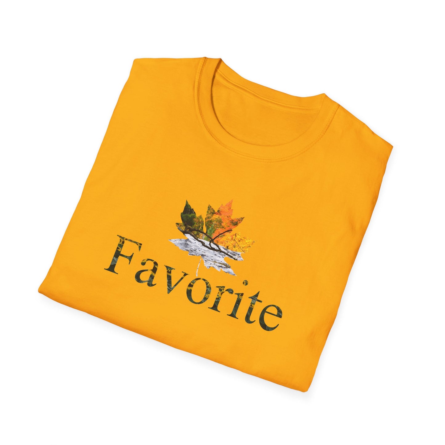 Folded yellow t-shirt with 'Favorite' text and nature graphic on a white background