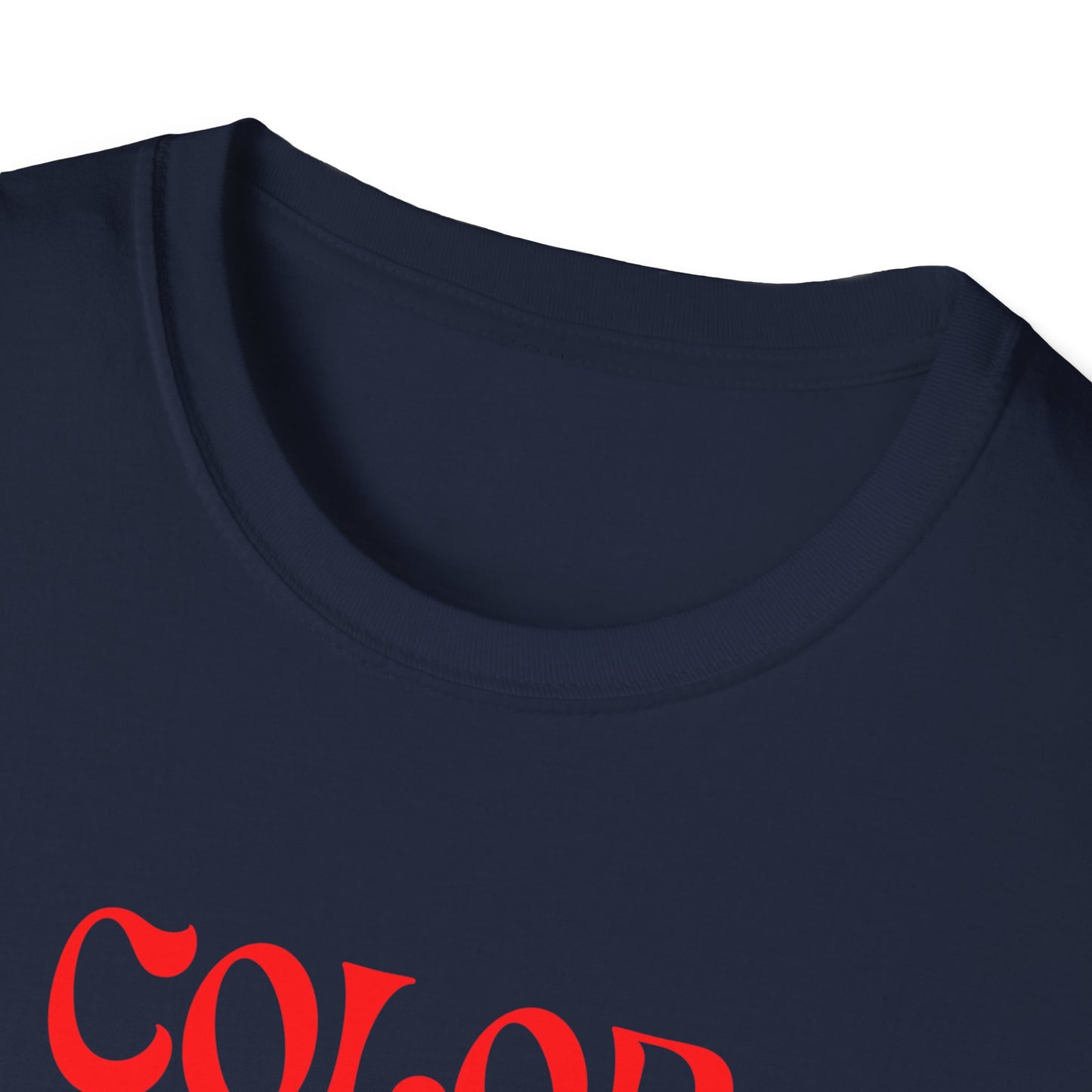 Close up of tagless neckline of navy blue shirt with red text on a white background