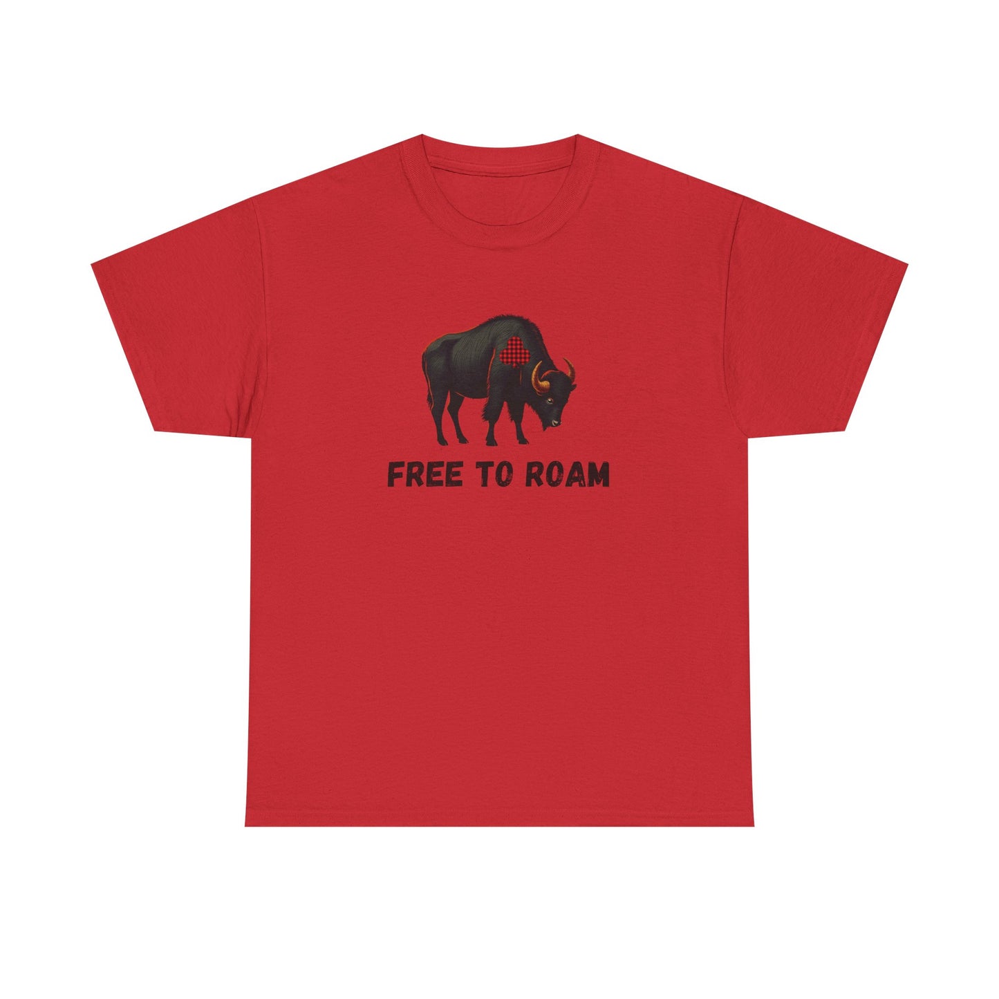 Red t-shirt with a graphic of a bison and 'FREE TO ROAM' text on a white background