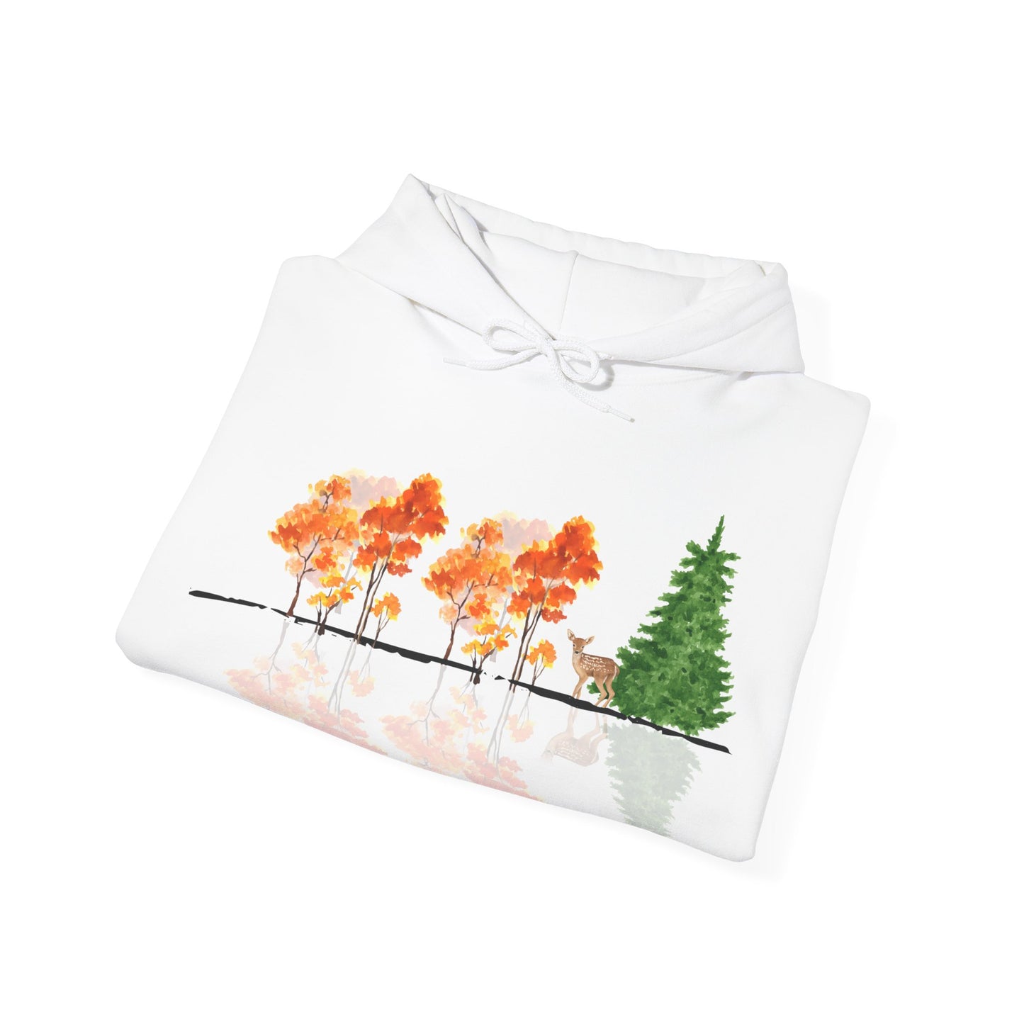 White sweatshirt with a nature-themed design featuring trees and a deer on a white background