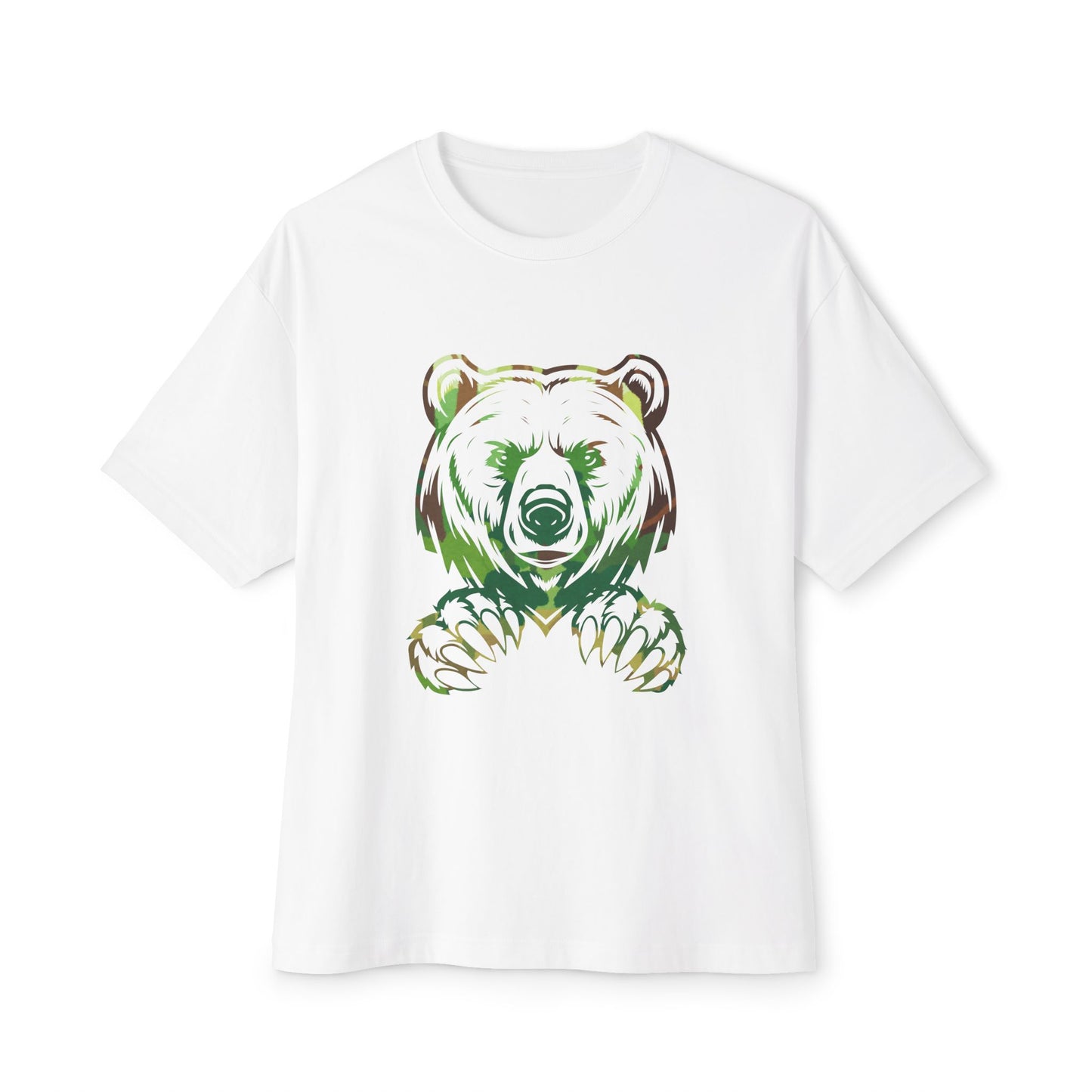 White t-shirt with a colorful bear graphic on a white background