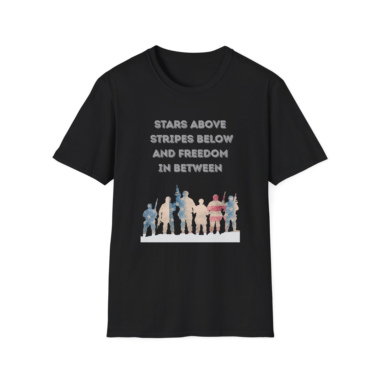 Black t-shirt with Red white and blue military troupe graphic design and text stating Stars Above Stripes Below and Freedom In Between on a white background
