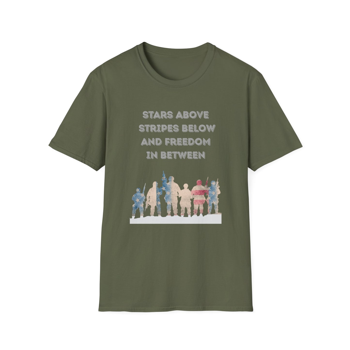 Green t-shirt with Red white and blue military troupe graphic design and text stating Stars Above Stripes Below and Freedom In Between on a white background