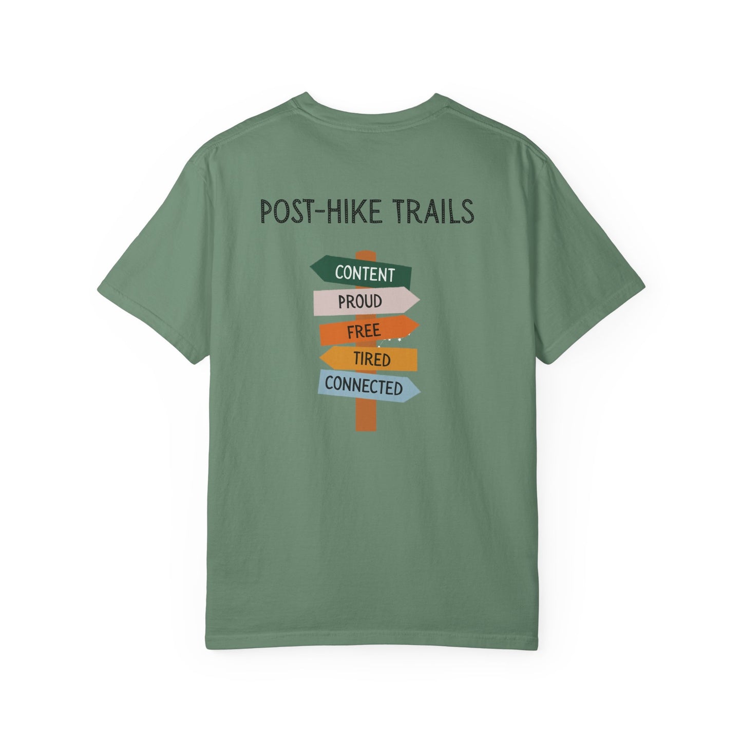 Back of green t-shirt with 'Post-Hike Trails' graphic on a white background