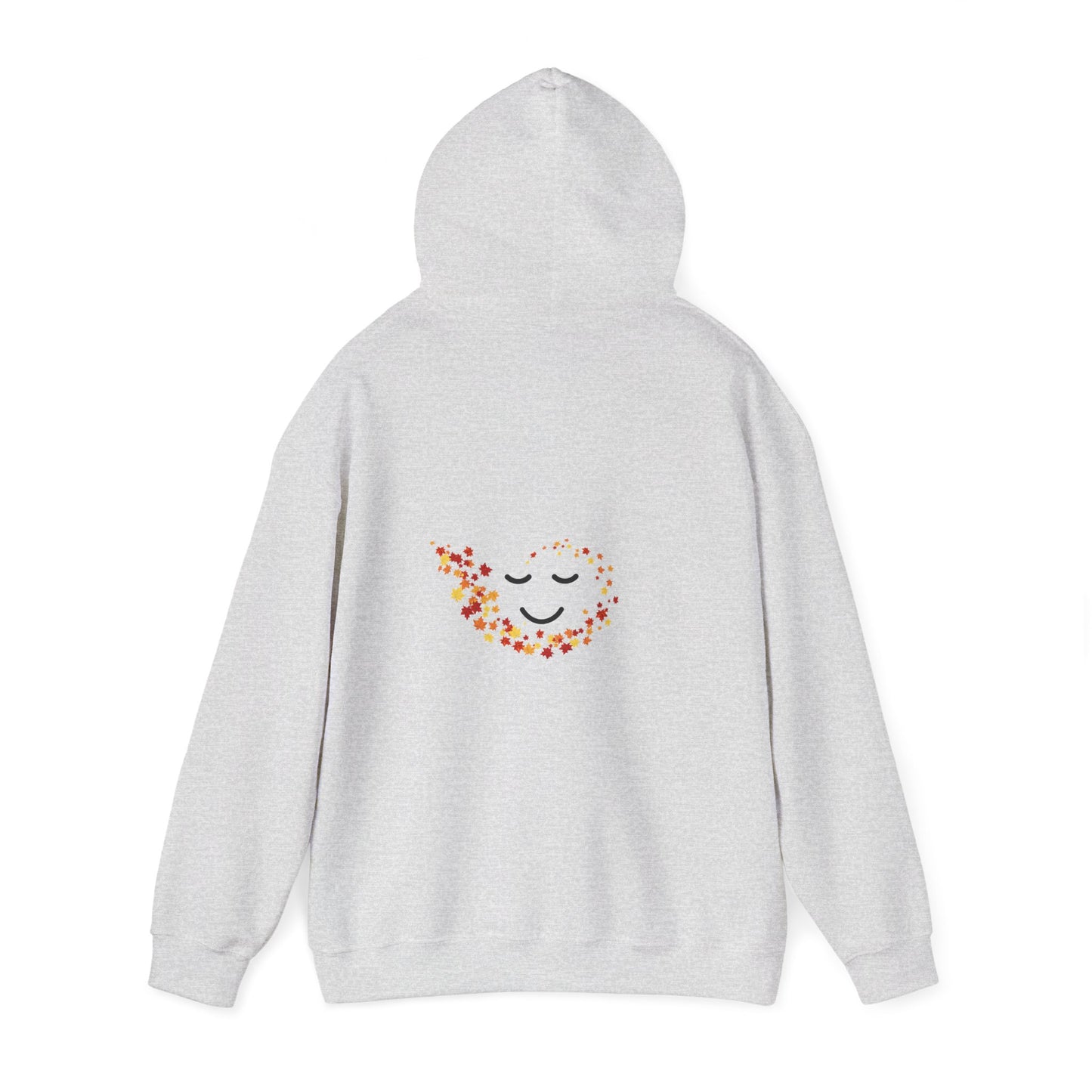 Back of Gray hoodie with a colorful smiley face design on the back against a white background