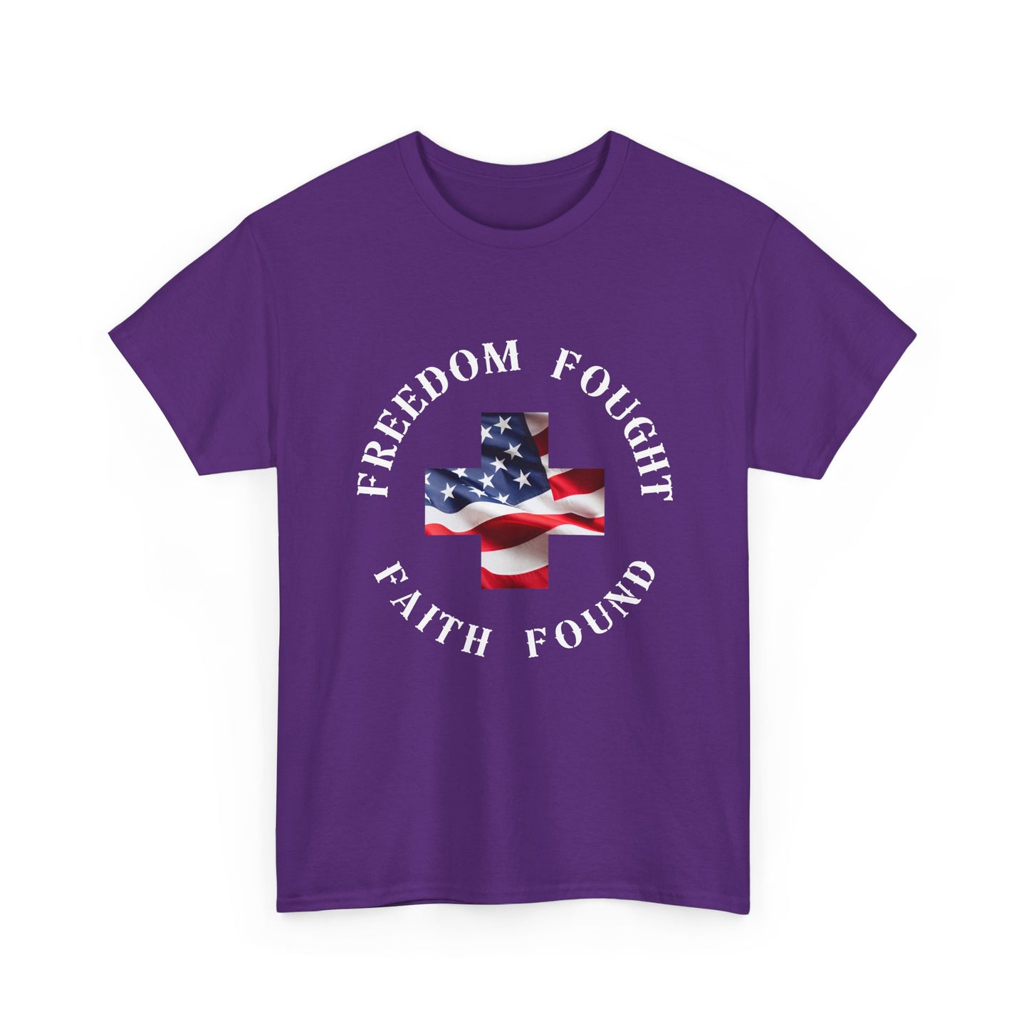 Purple t-shirt with American flag design and text on a white background