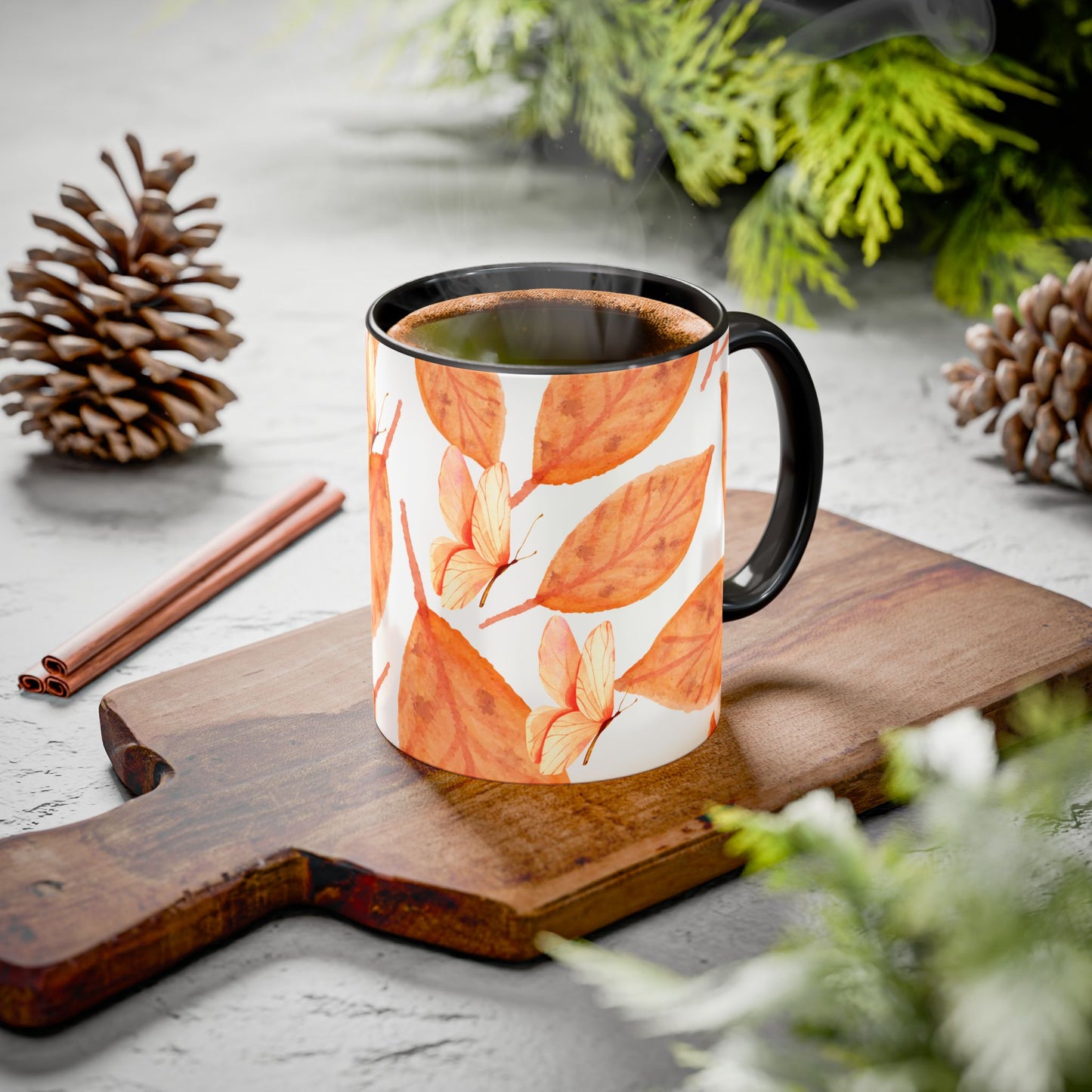 Mug with Fall Colors Autumn Leaves and Butterflies