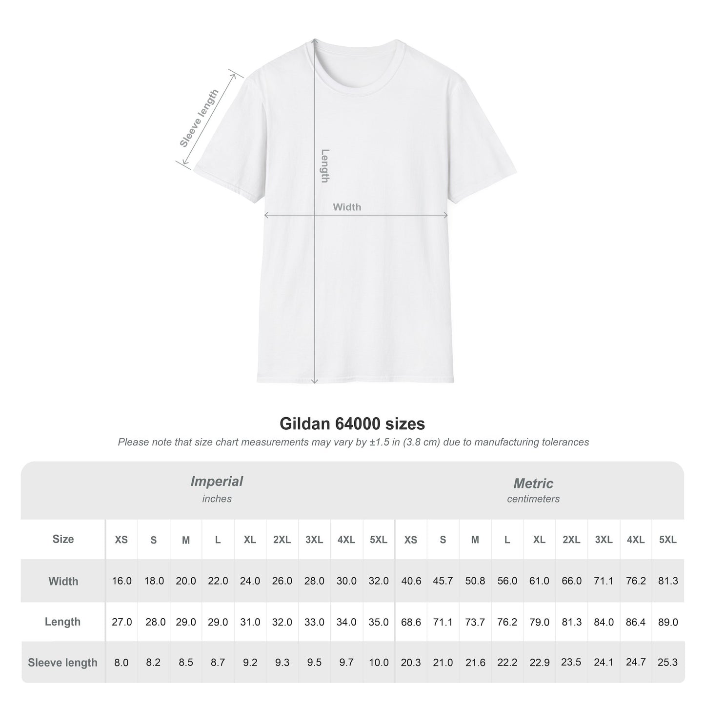 Size Chart for Gildan 64000
