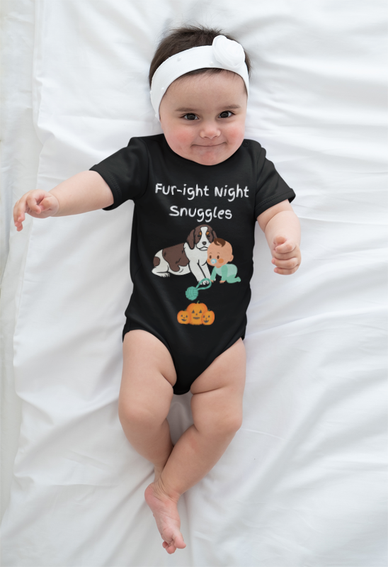Fur-ight Halloween Onesie Baby is Cuddling Springer Spaniel Puppy