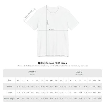 White t-shirt with text on a white background, featuring size chart below.