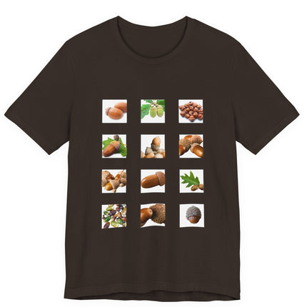 Brown t-shirt with images of acorns and leaves arranged in a grid postage stamp pattern on a white background