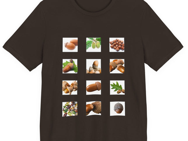 Brown t-shirt with images of acorns and leaves arranged in a grid postage stamp pattern on a white background